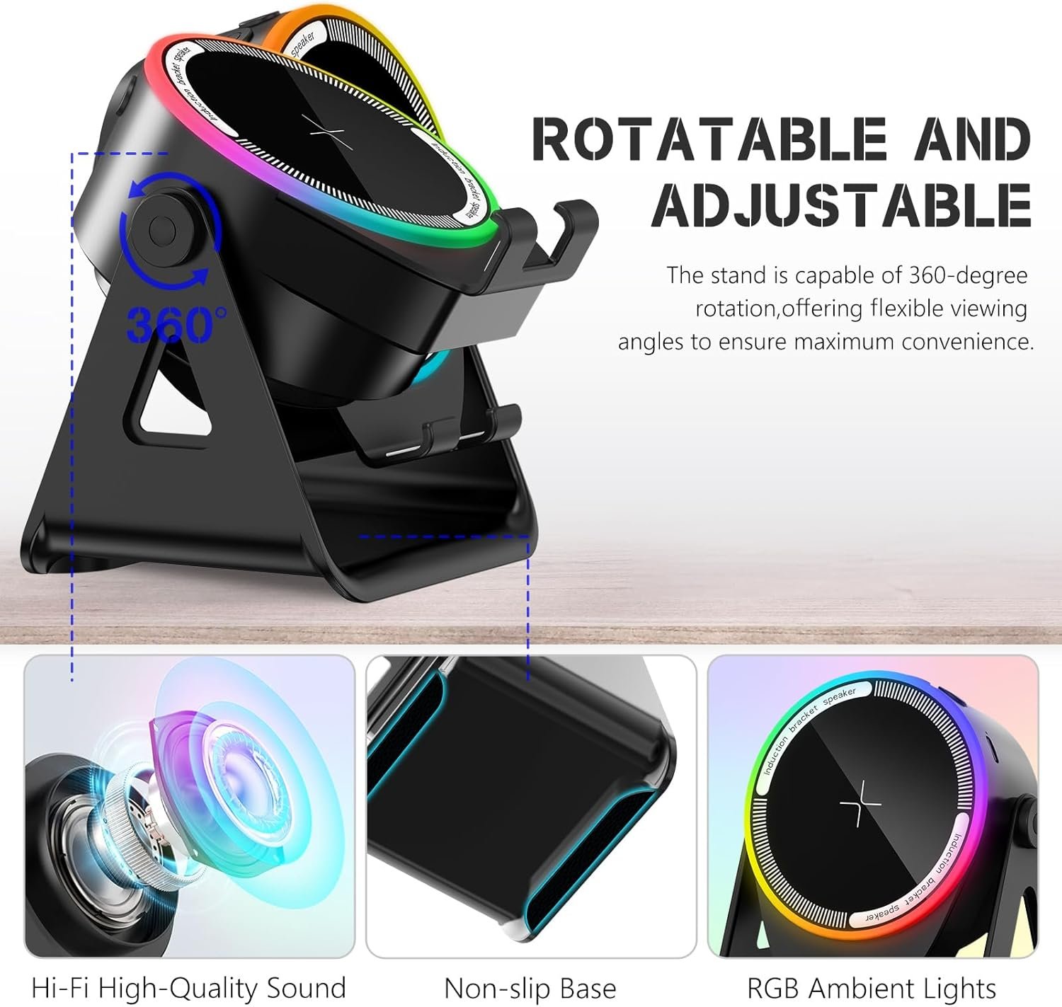 Wireless Induction Speaker, 5-in-1 Bluetooth 5.3 Phone Stand with 360° Rotation & RGB Ambient Light - Cool Tech Gadgets Gifts for Men Women Dad Mom - Compatible iPhone/Android/iPad/Samsung (Black) - Image 3