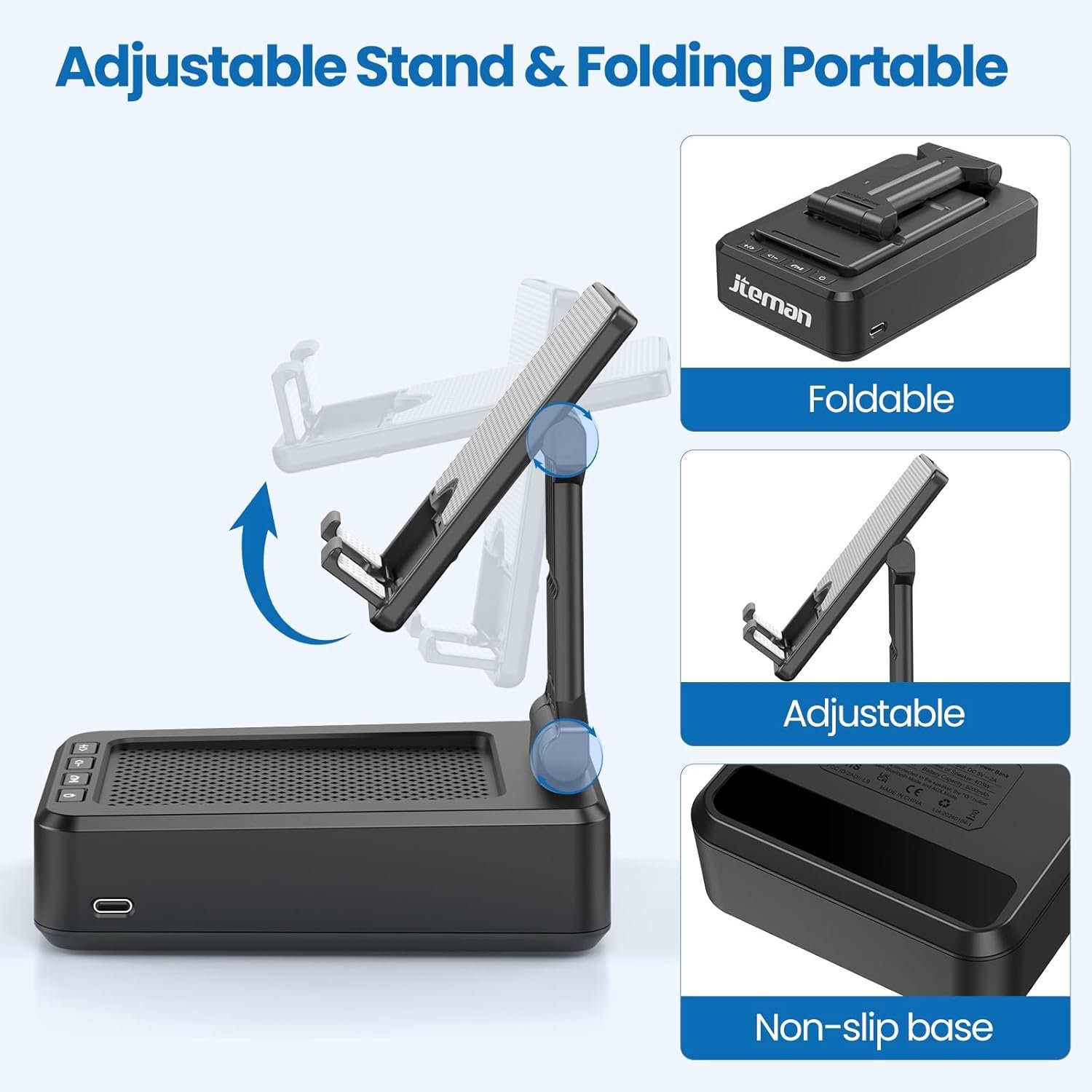 JTEMAN Cell Phone Stand with Bluetooth Speaker, HD Stereo Sound & Anti-Slip Base, Foldable Adjustable Desktop Phone Holder for Home Office, Cool Tech Gadgets Birthday Gifts for Men Women (Black) - Image 6