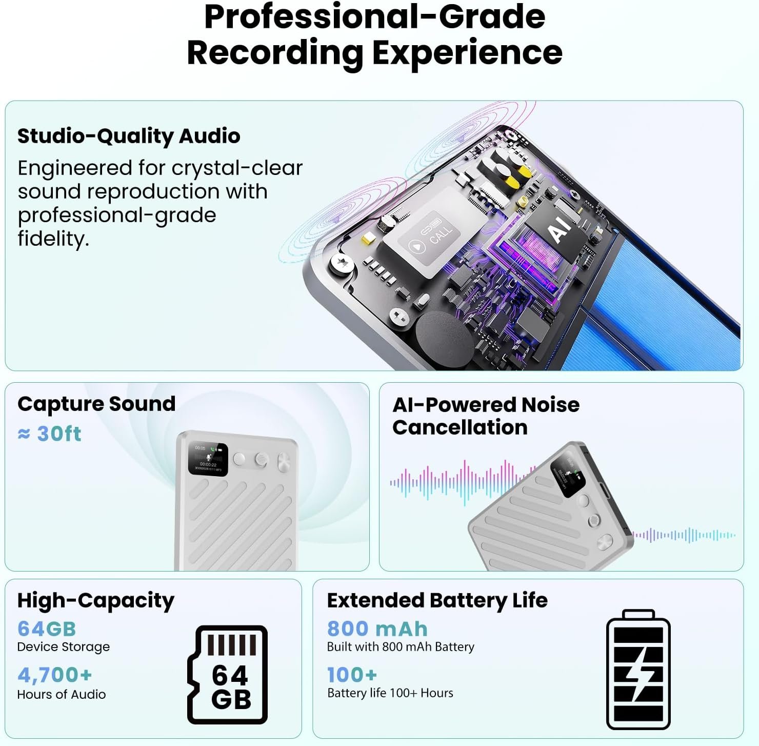 AI Voice Recorder, Note Taking Device, Transcribe & Summarize, Voice Recorder With Display, App Control, Supports 132+ Languages, 100H, 64GB, Magnetic Audio Recorder for Lectures Meetings Calls,Silver - Image 3