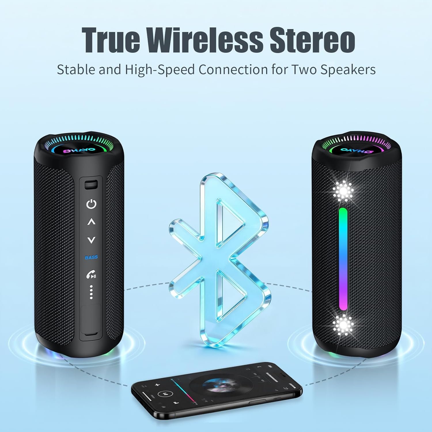 Bluetooth Speaker Wireless Loud Stereo Sound IPX7 Waterproof Outdoor Portable 25W Super Bass Speakers for Home Party Beach with 24H Playtime Colorful Lights BT 5.3 TWS Pairing Birthday Gift Black - Image 5