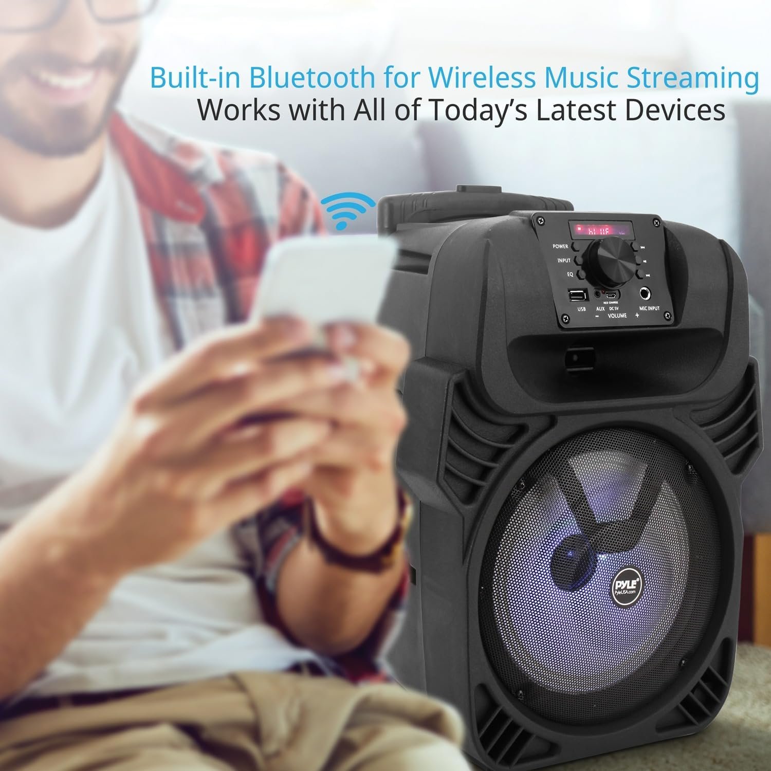 Pyle 8" Portable Bluetooth PA Speaker - 500W Rechargeable Indoor/Outdoor Karaoke Machine Sound System - Multi-Color LED Party Lights, Mic Input, FM Radio, MP3/USB & Remote Control (Black) - Image 4