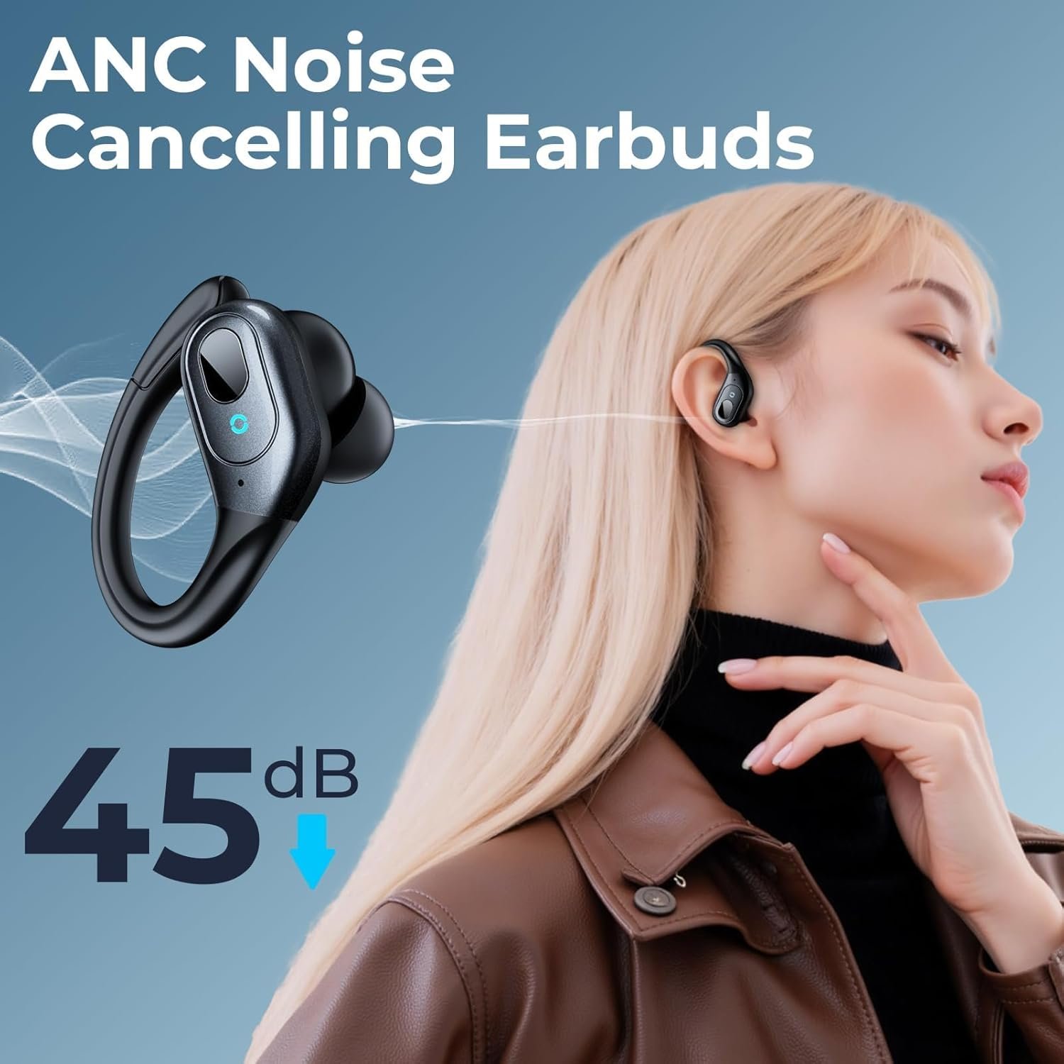 occiam Active Noise Cancelling Earbuds Wireless Bluetooth Headphones Ear Buds 90Hrs Playback Stereo Bass Earphones with Mic Over-Ear Hooks IPX7 Waterproof Headset for Work Sports Running Matte Black - Image 2