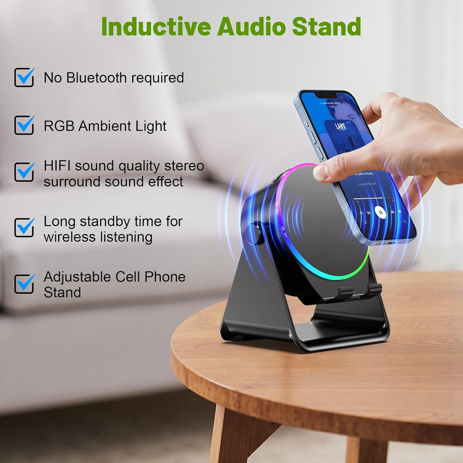 Wireless Induction Speaker, Phone Stand with Bluetooth Speaker Amplifier, Stereo Sound, RGB Ambient Light, 360° Adjustable Phone Holder Compatible with iPhone/iPad/Android/Samsung Galaxy-Black - Image 3