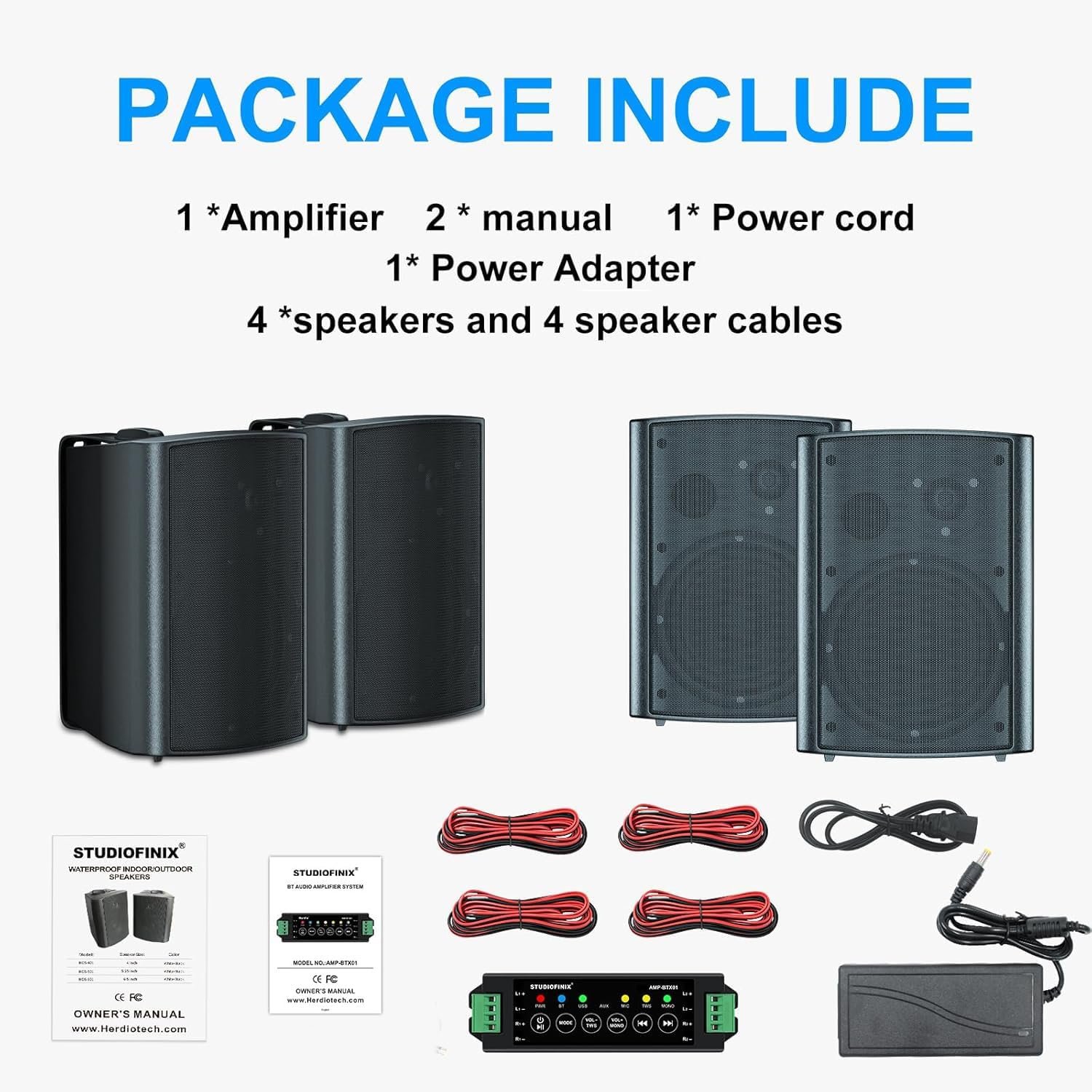 STUDIOFINIX 800W 6.5 Inch Outdoor Bluetooth Speakers Waterproof Wired with Multifunctional Amplifier Wall Mount Weatherproof Loudspeaker System for Patio Garden Poolside Home(4 Speakers,Black) - Image 3