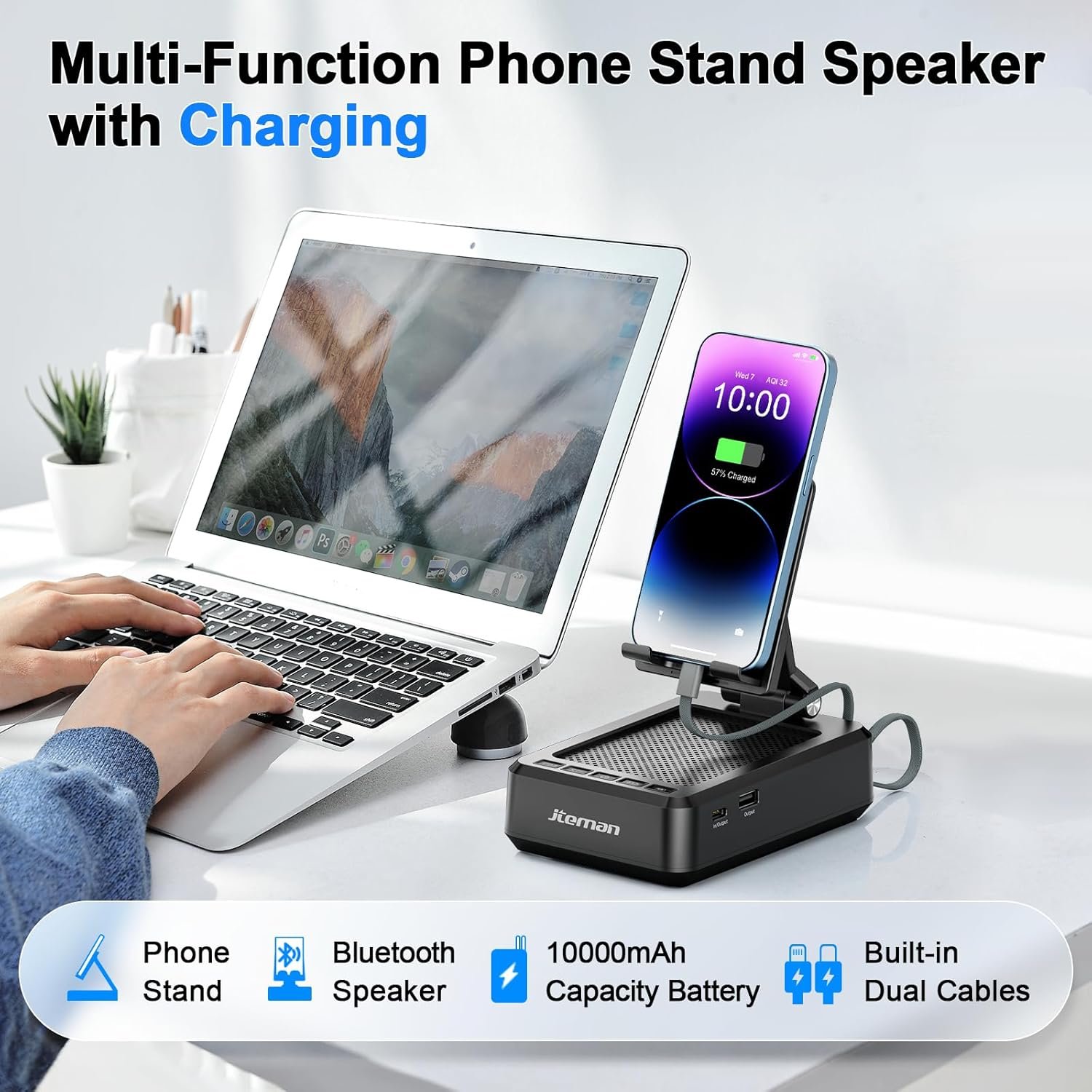 Jteman Cell Phone Stand Bluetooth Speaker with Built-in Cables,Foldable Adjustable Holder,All-in-One Audio Stand for iPhone Android,Birthday Gifts for Men Women - Image 2