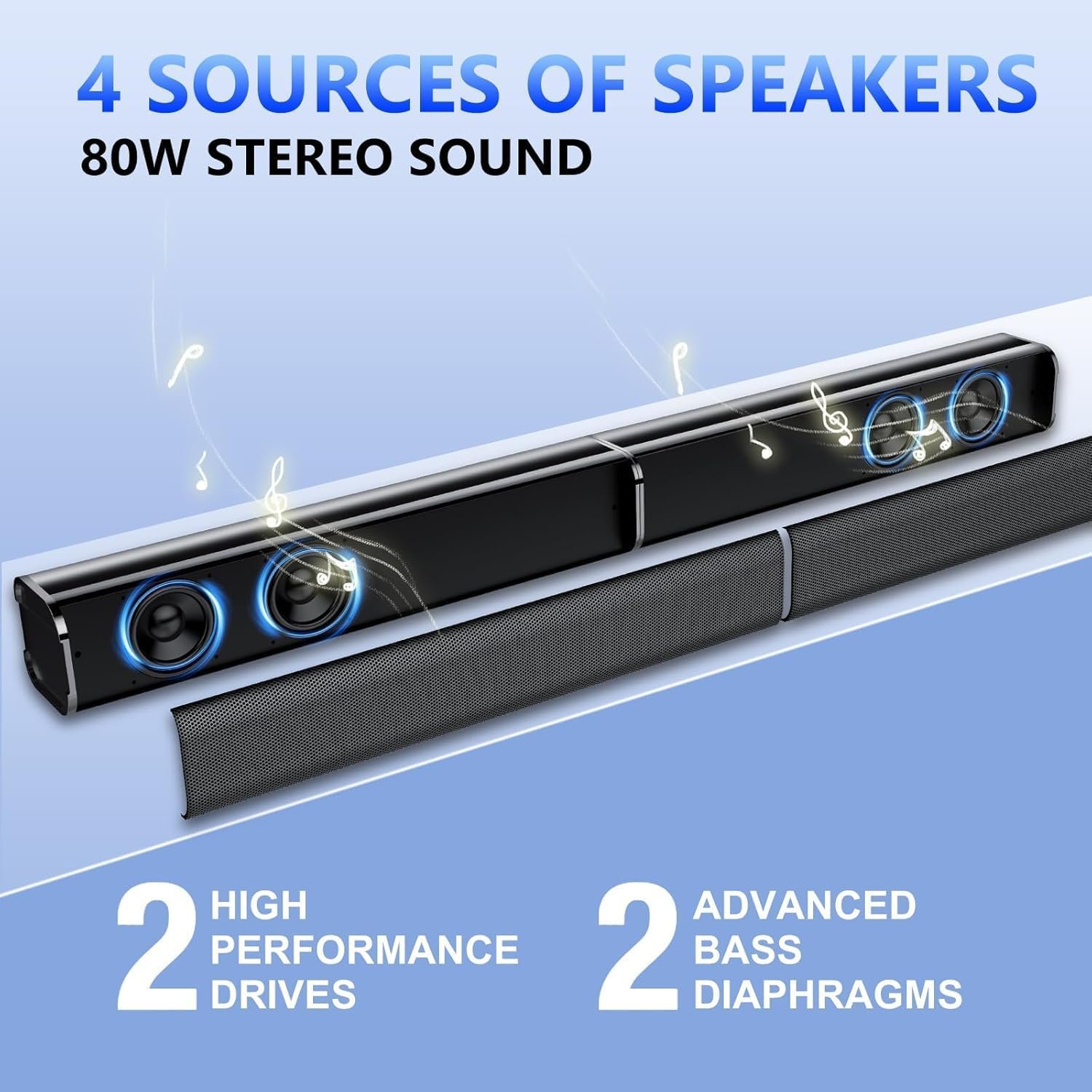 Sound Bar, 80W SoundBar for Smart TV, 2026 Bluetooth 5.3 Soundbar, Home Theater Surround Sound, 2 in 1 Detachable Home Speaker Bass, ARC/Optical/AUX/Connections, for TV/PC/Projectors - Image 4