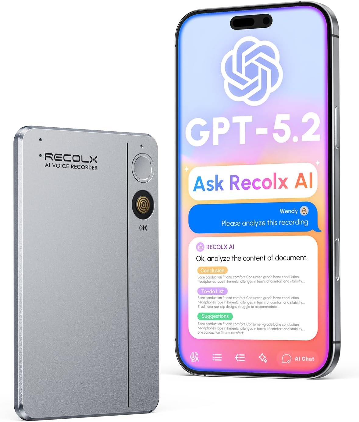 AI Voice Recorder & Transcriber with GPT-5.2 Analysis – 30-Hour Recording, 112-Language Speech-to-Text & Auto Summary for Meetings, Lectures & Interviews,Grey