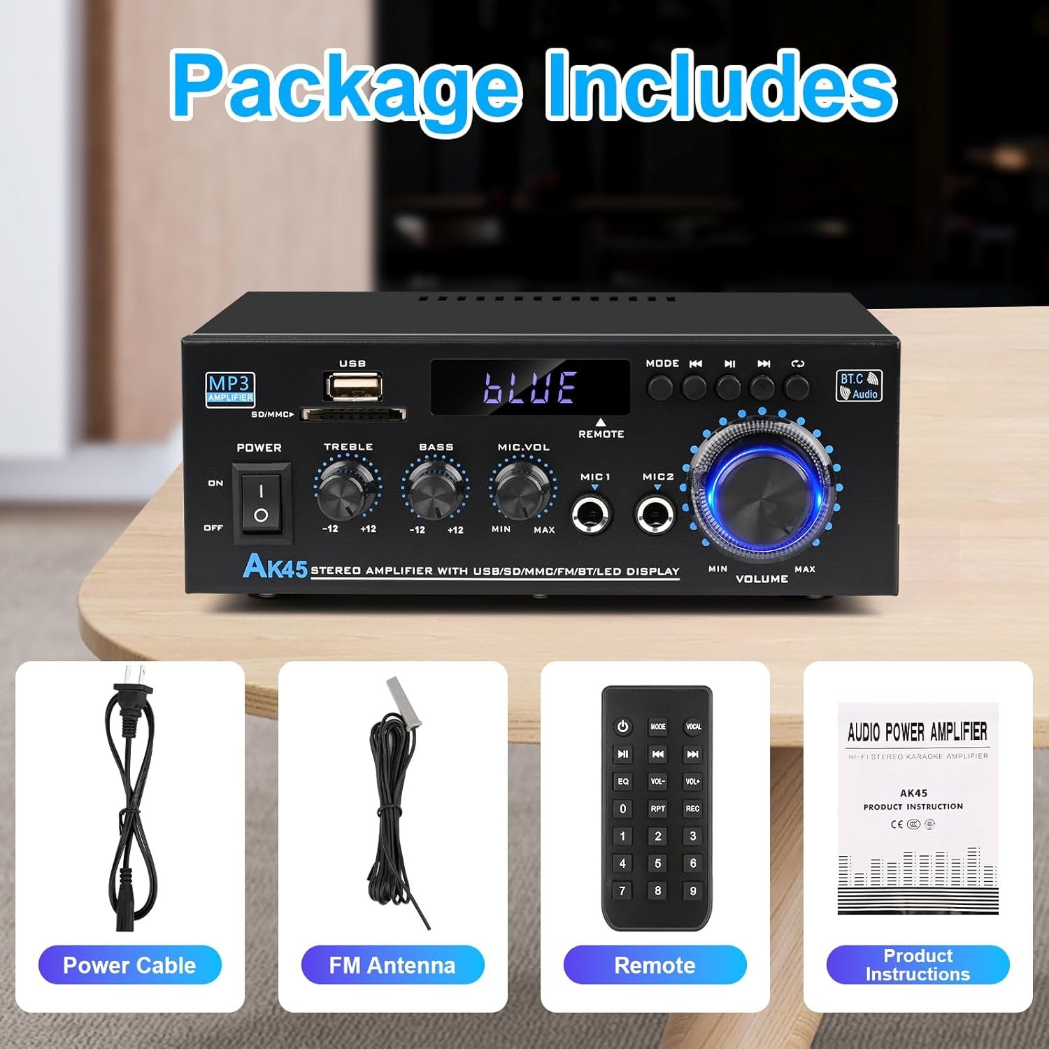 Stereo Audio Amplifier 2025 Upgraded AK45 Bluetooth Receiver for Home Stereo, 400W 2 Channel Wireless Bluetooth 5.0 Power Amplifier System with FM Radio, USB, SD Card, and Remote Control - Image 7