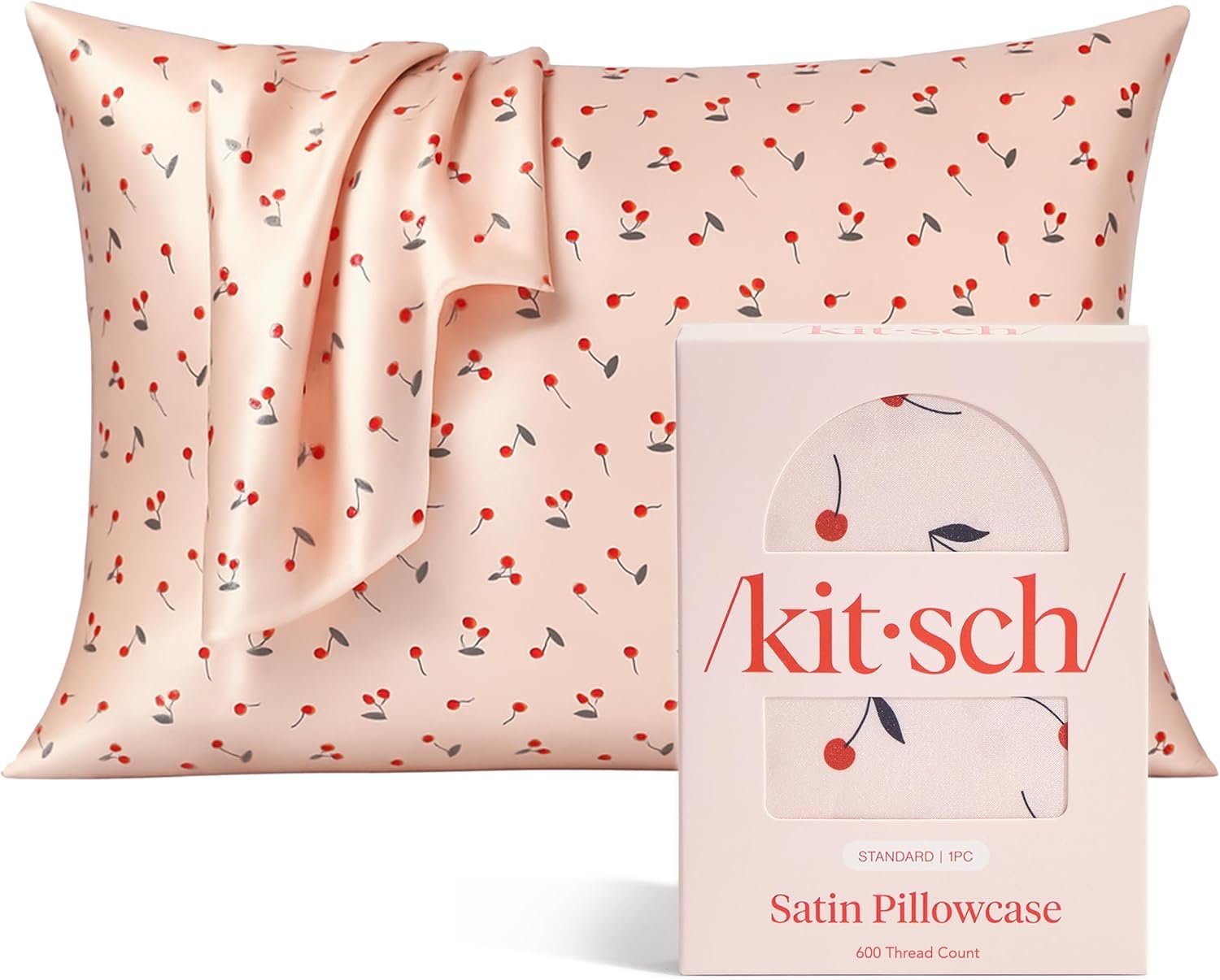 Kitsch Satin Pillowcase with Zipper for Hair & Skin - Softer Than Silk Pillow Cases, Smooth Cooling Satin Pillow Case, Wrinkle-Free, Machine Washable, Pillow Cases Standard Size 19x26 - Cherry Print