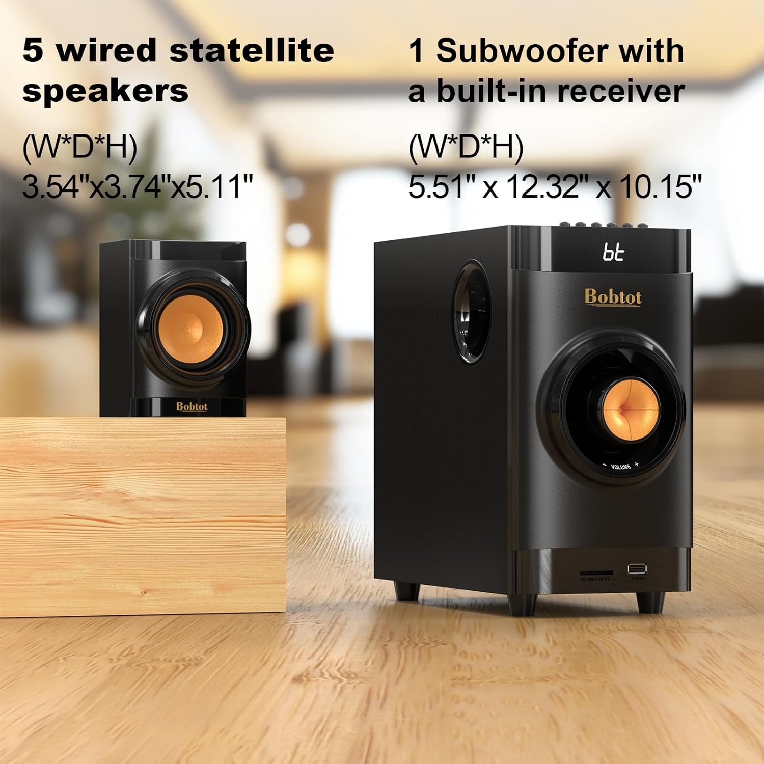 Bobtot Small Subwoofer Home Theater for TV Surround System 5 Wired Speakers Amplifier 4 inch Woofer Built-in Receiver Support ARC Optical Bluetooth Input for Projector - Image 7