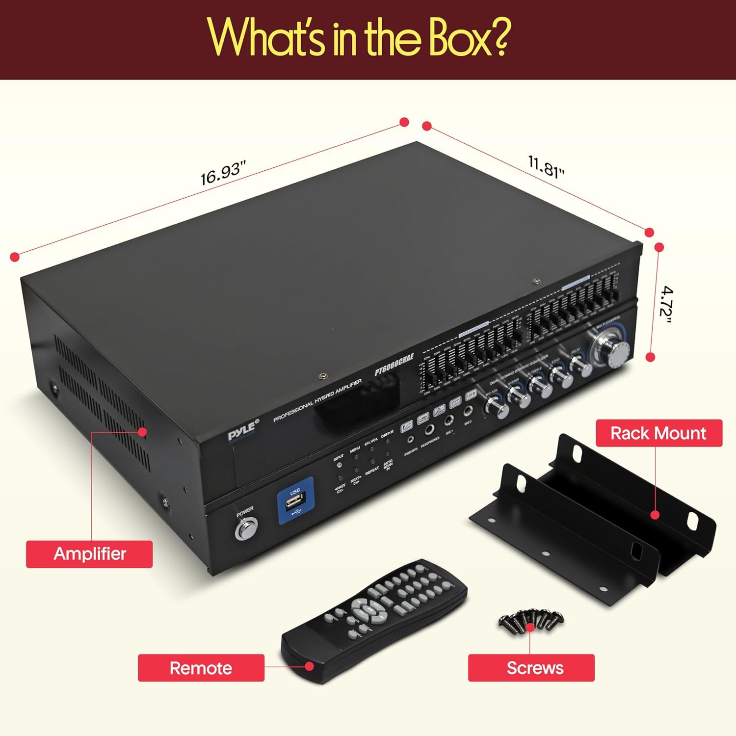Pyle Bluetooth Hybrid Home Amplifier - 6-Channel 2000W Rack Mount Power Amplifier Receiver w/ Radio - Dual 10 Band EQ, Karaoke Microphone x2, USB, RCA, COAX, OPT, DVD Inputs, HiDef Input and Output - Image 7