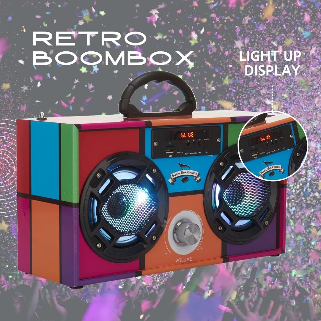 Wireless Express - Mini Boombox with LED Speakers – Retro Bluetooth Speaker w/Enhanced FM Radio - Perfect for Home and Outdoor (Retro) - Image 3