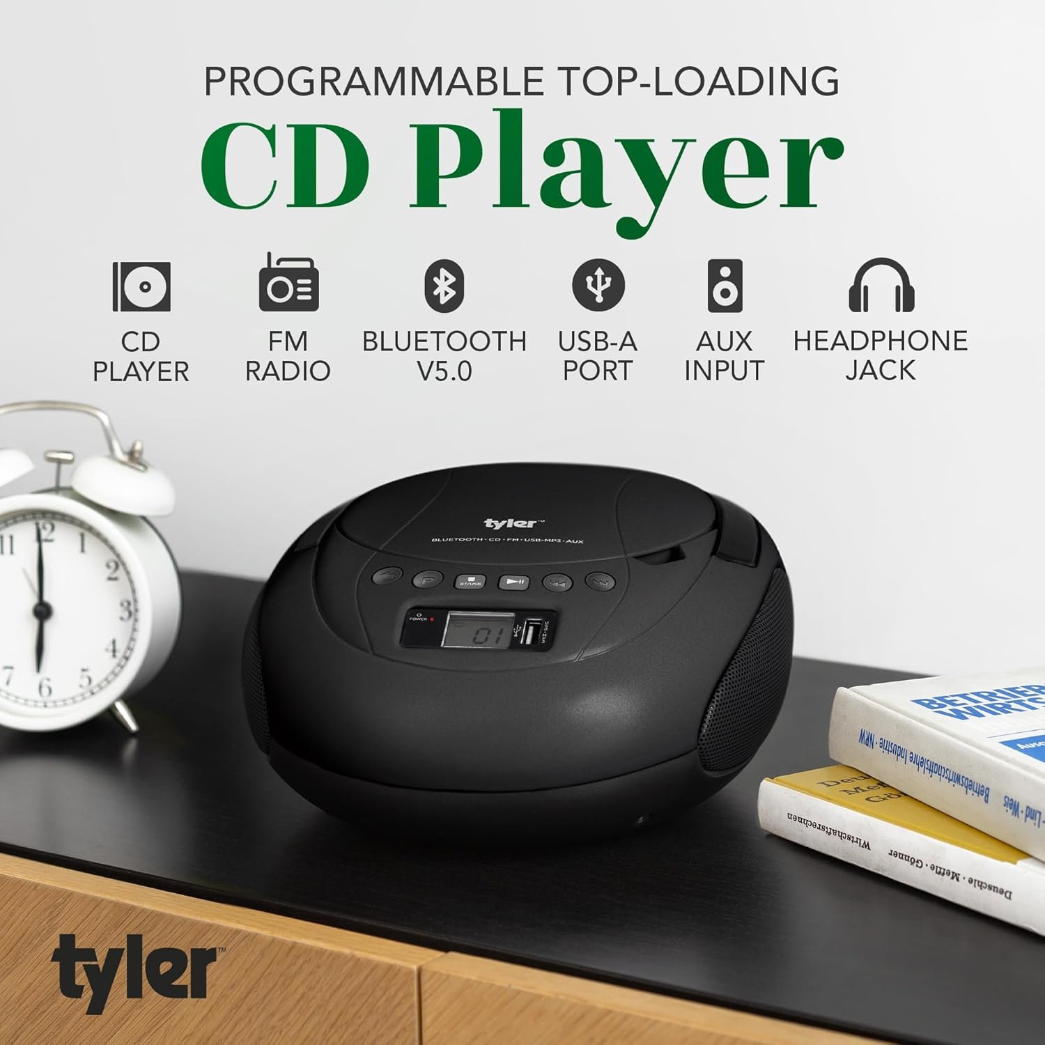 Tyler Portable CD Player Boombox with FM Radio, Bluetooth, and USB Port | Clear Stereo Sound | CD-R/RW and MP3 CDs Compatible | 3.5mm Aux Input and Headphone Jack | TAU107 - Black - Image 2