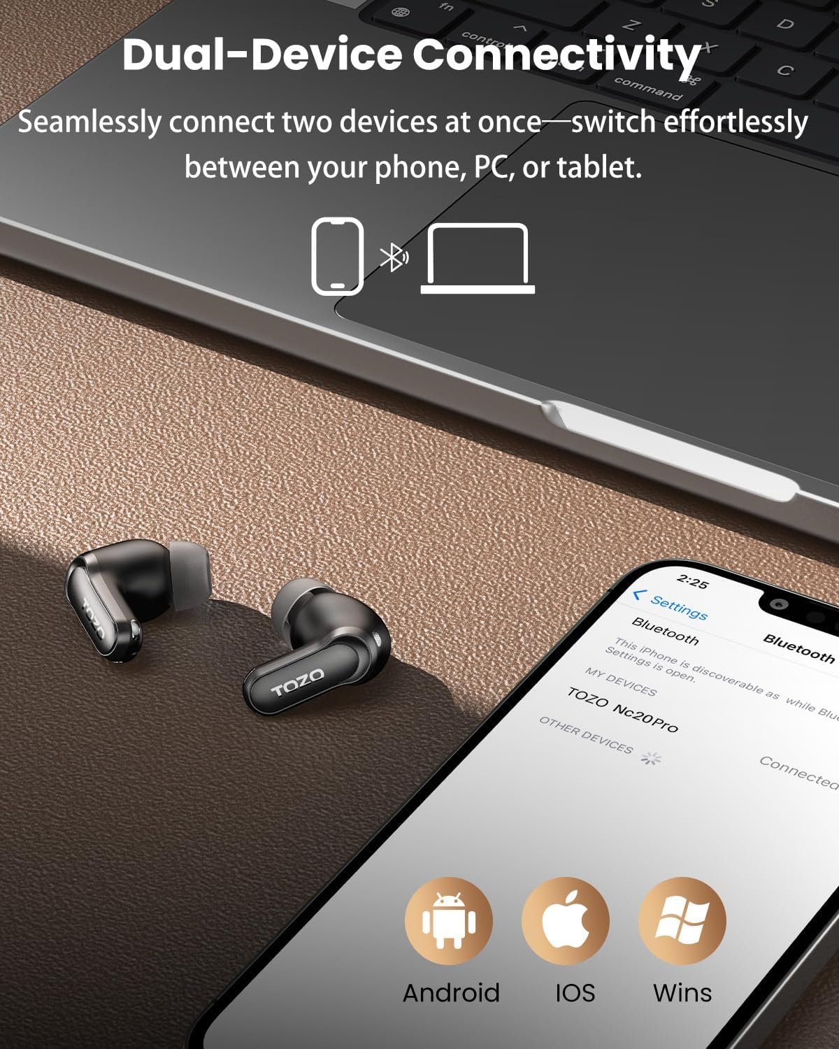 TOZO NC20 Pro Active Noise Cancelling Wireless Earbuds with Smart Touch Screen, LDAC Hi-Res Audio, Stereo Bass, 6 Mics AI Call Ear Buds, 80H Playtime, IPX8 Waterproof, 32 EQ via App, Wireless Charging - Image 6