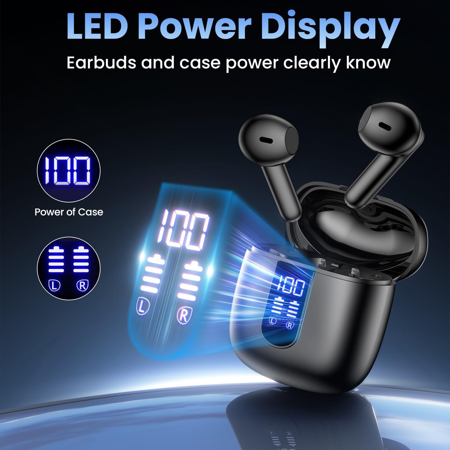 Wireless Earbuds, Bluetooth Headphones with Deep Bass Stereo, 48H Playback Ear Buds with LED Power Display, Lightweight, IPX7, in-Ear Earphones with Mic for iPhone/Android/iPad, Black - Image 6