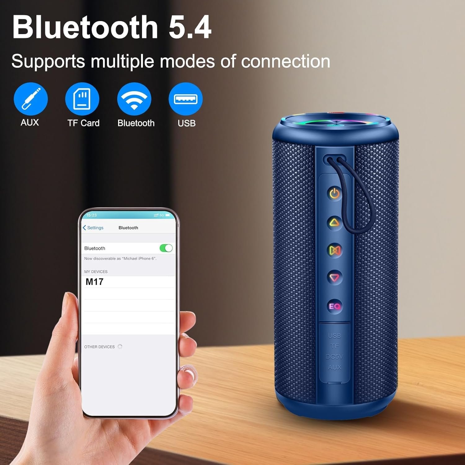 Portable Bluetooth Speaker, Bluetooth 5.4 Wireless Speaker with 20W HD Loud Stereo Sound, 20H Playtime, IP7 Waterproof, LED Lights, TWS Pairing, Built-in Mic, for Outdoor, Party, Home, Gift, Blue - Image 3