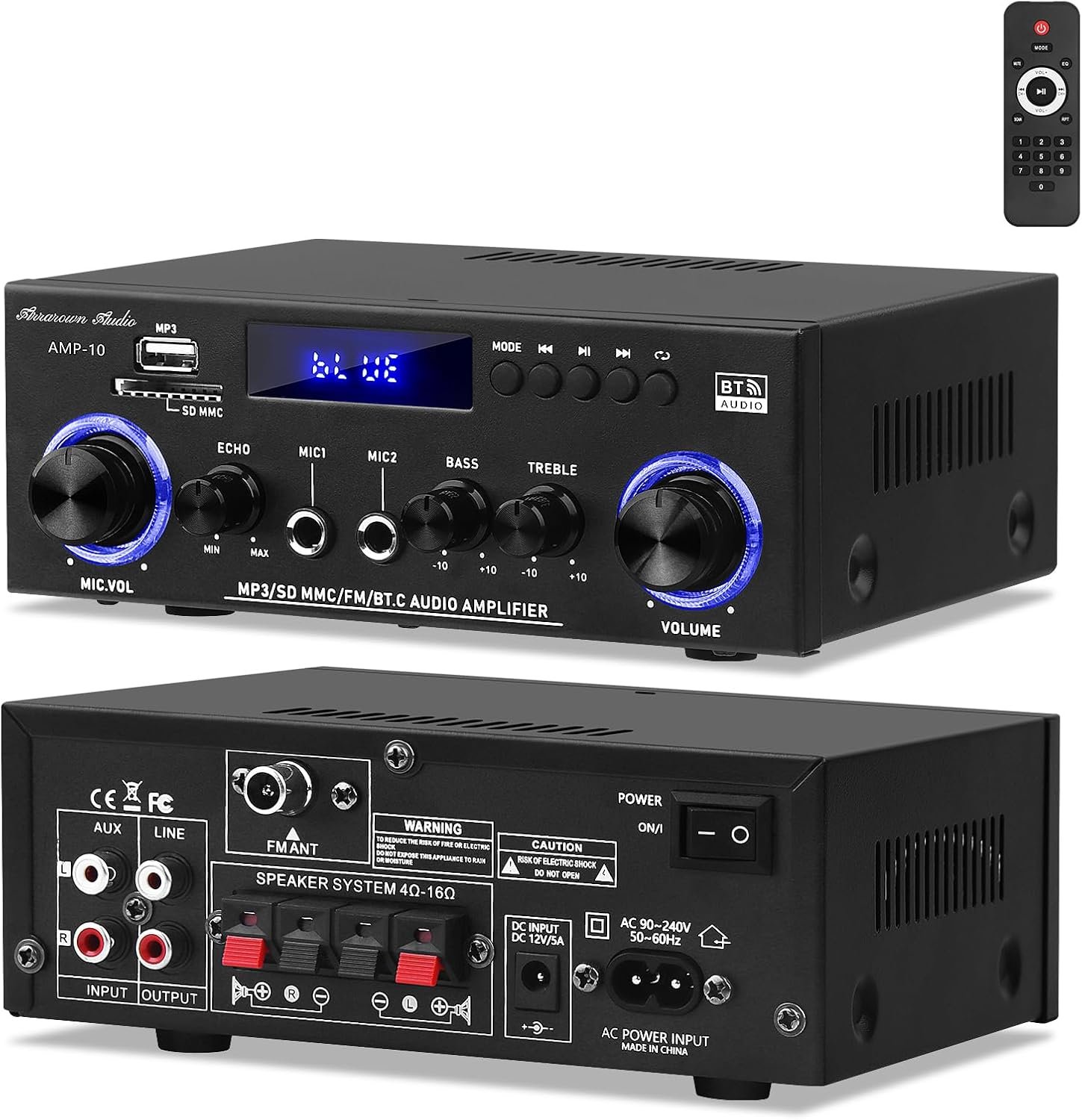 Amp10 Amplifier Home Audio,400W Power Amplifier 2 Channel Stereo Receiver with Bluetooth 5.0,Active Subwoofer Output, FM Radio, USB/SD/AUX, MIC, Remote Control for Home Theater