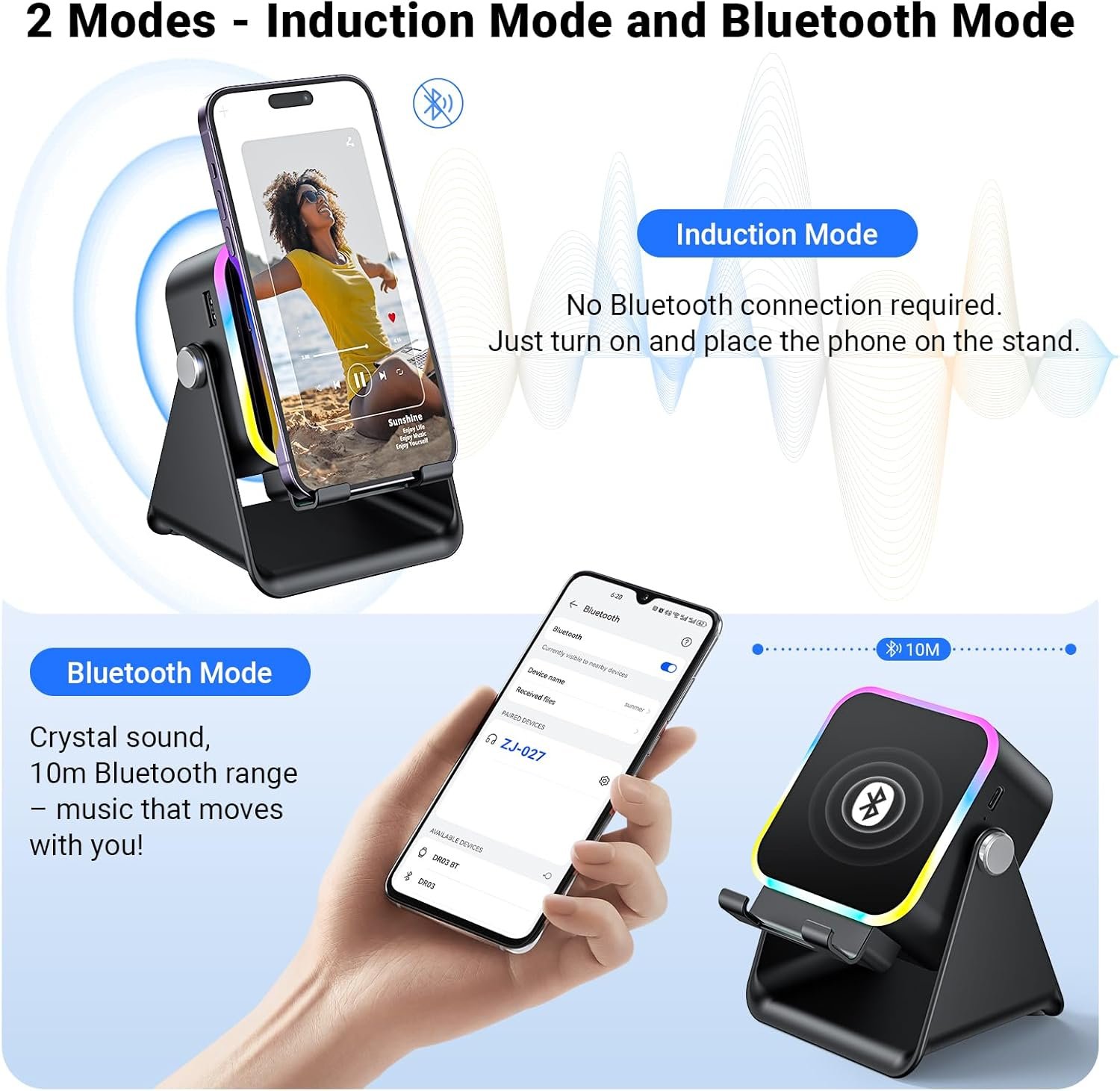 Induction Speaker with Phone Stand 5 in 1 Wireless Induction Bluetooth Audio for iPhone Android Phone Speakers Amplifier with Rechargeable Colorful Light, Birthday Gifts for Men Women Teens (Black) - Image 3