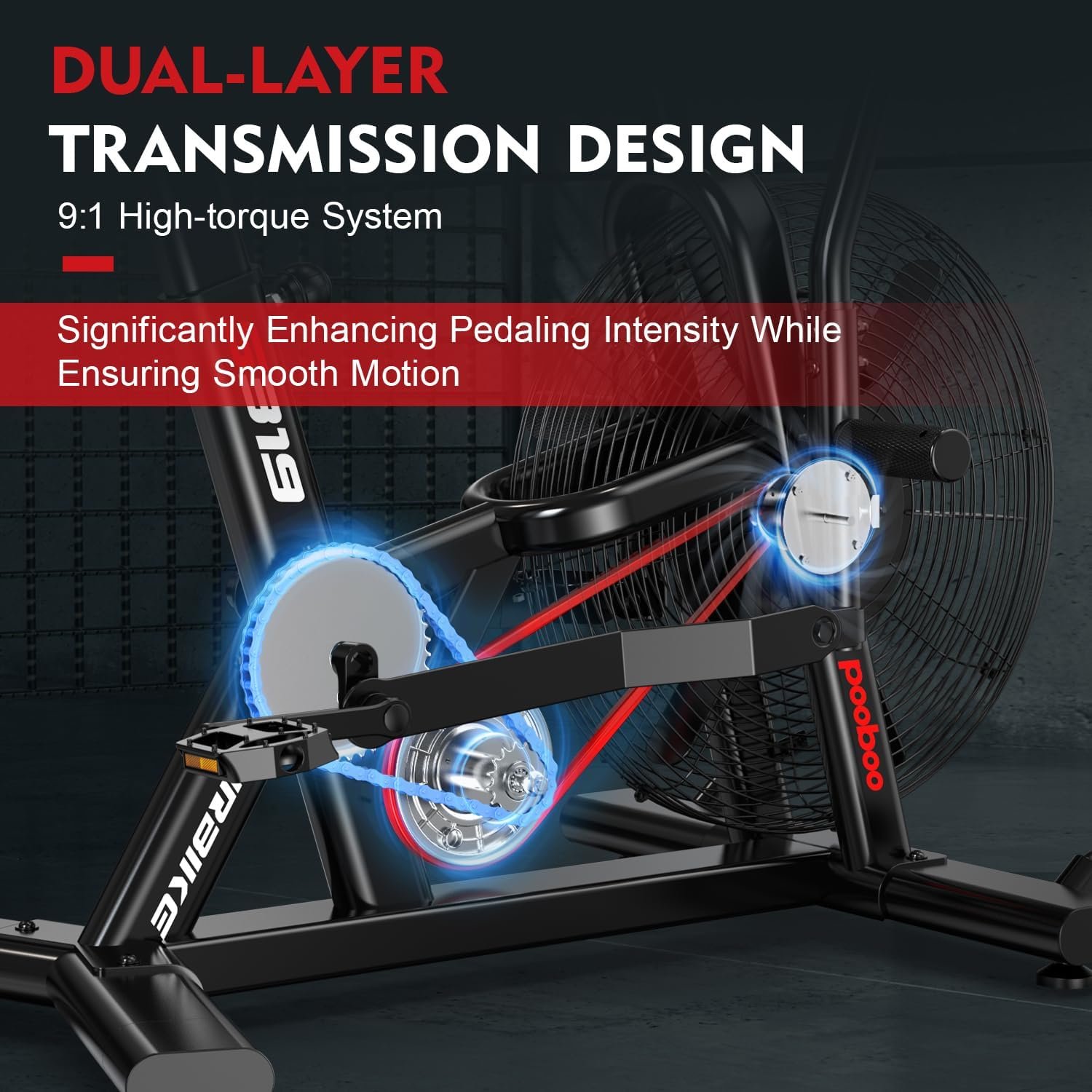 pooboo Exercise Bike, Stationary Bike for Home Gym, Air Resistance Bluetooth Fan Bike w/Dual Acction Handlebars & Dual-Layer Transmission System, Upright AirBike Indoor Cycling Bike for Cardio Workout - Image 4