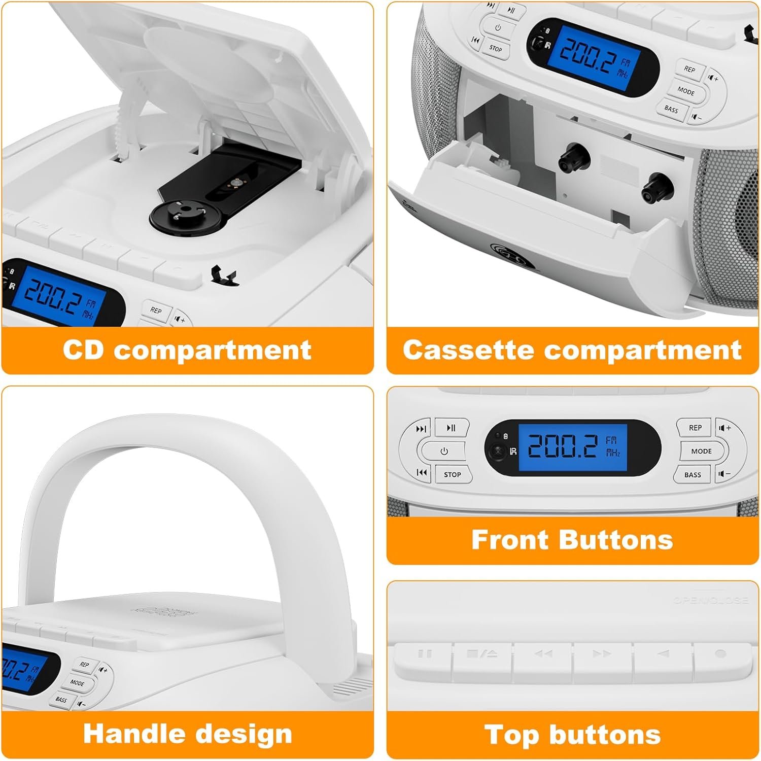 CD Cassette Player Combo, Hernpark Rechargeable Boombox with Bluetooth 5.1, CD Player with Remote Control, Tape Recording, FM Radio, Super Bass, Stereo Sound, Aux/USB Drive, Headphones Jack -White - Image 7