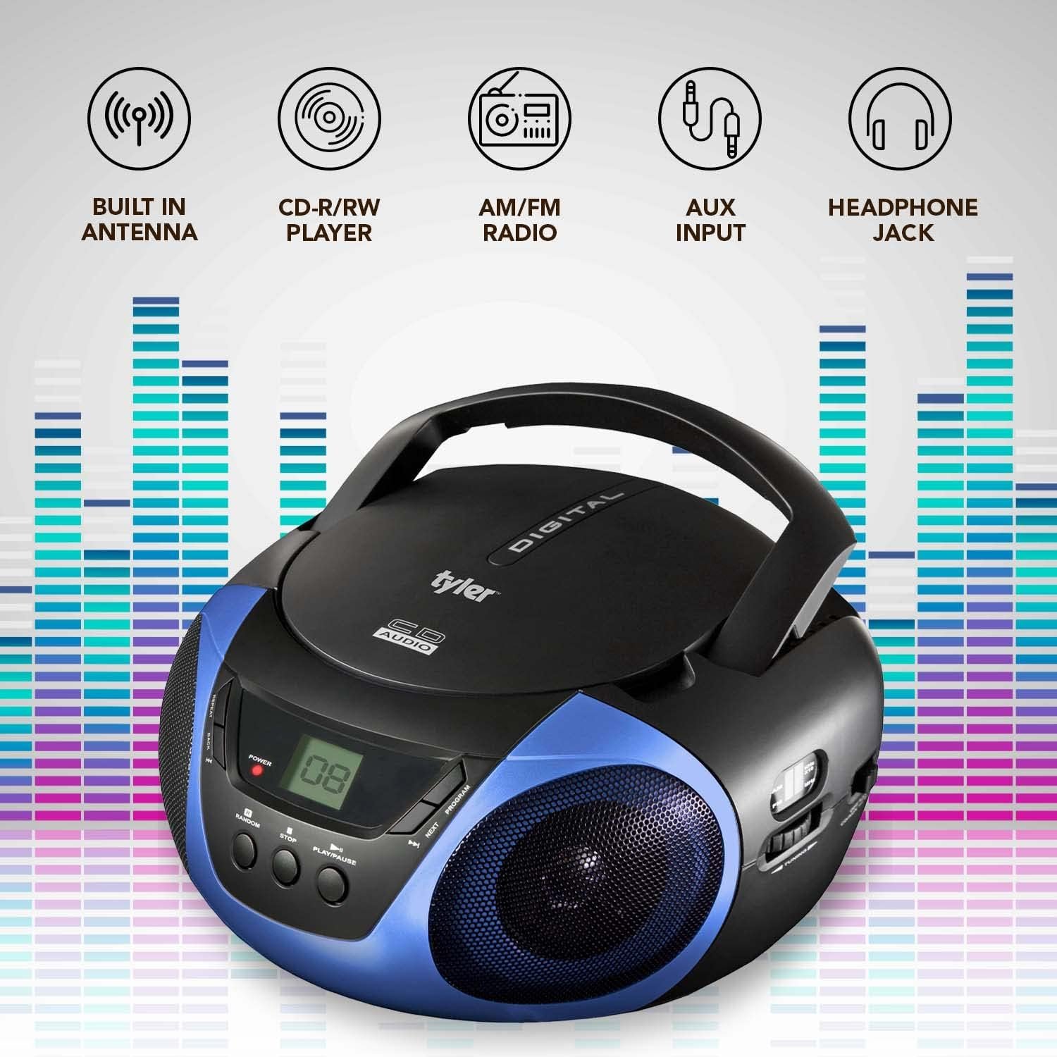 Tyler Portable Boombox CD Player AM/FM Radio Combo, Dynamic Boom Box CD Players for Home/Outdoor Portable Stereo with Speakers, Long Antenna for Best Reception Aux Input/3.5mm Headphone Jack, Blue - Image 2