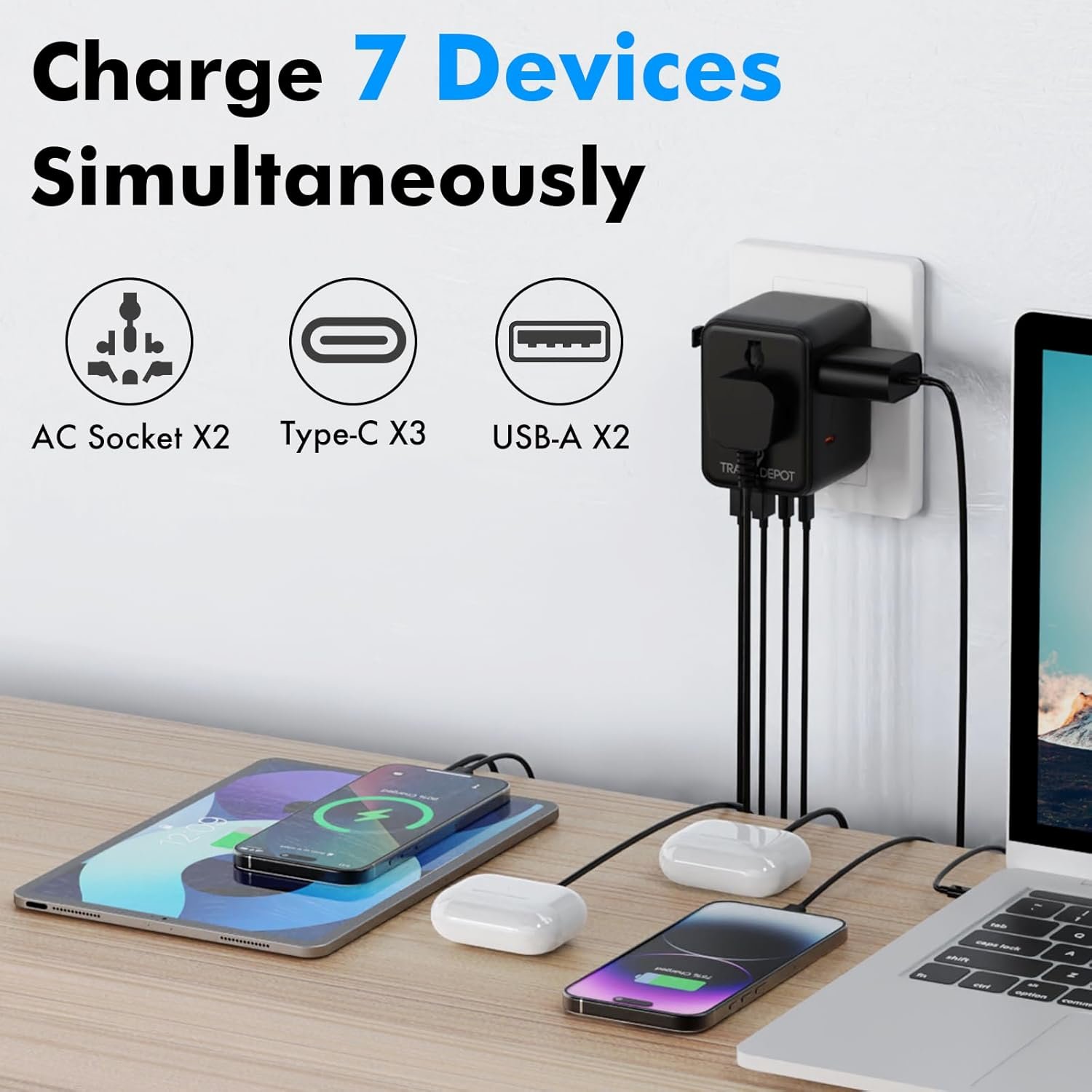 TRAVEL DEPOT 7 in 1 Travel Adapter Worldwide w/GaN 45W, 2 USB-A (15W), 3 USB-C (45W), 2 AC Outlets, Safety Certified International Plug Adapter for Universal Laptop, Phone, Camera for US, EU, UK, AU - Image 6