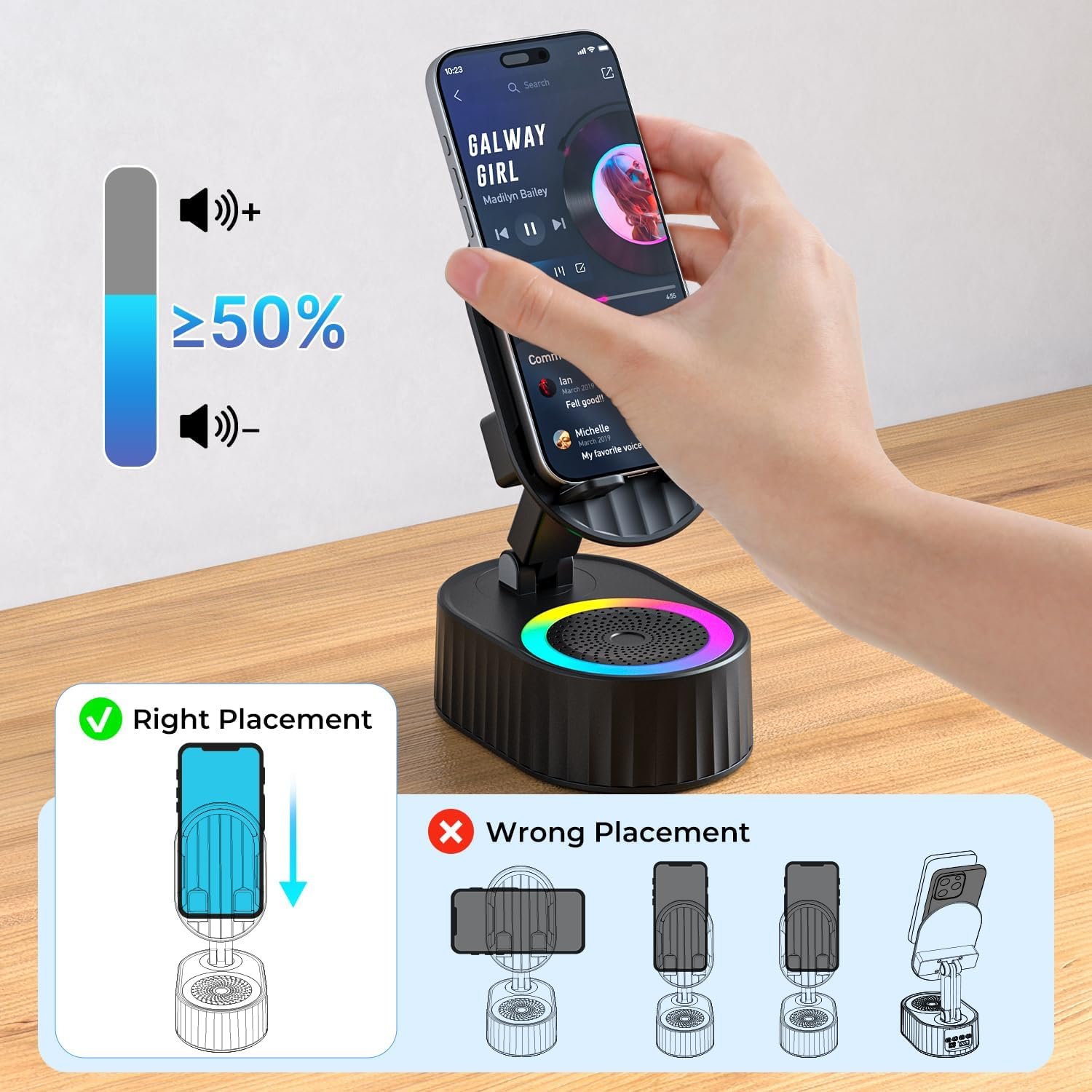 AKLLCCR Wireless Induction Audio Bluetooth Speaker 5in1 Phone Holder Emergency Rechargeable (3000mAh) with Colorful Ambient Light 300° Foldable for Tablet iPhone Android, Gifts for Men Women (Black) - Image 7