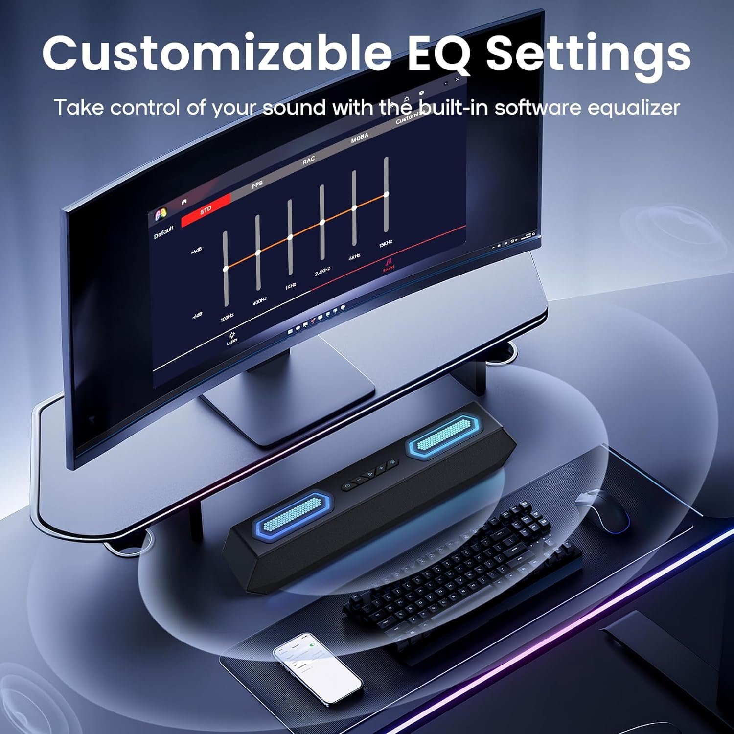 Deeyaple Computer Speakers, 40W PC Speakers for Desktop Monitor with Bluetooth 5.3 & USB Audio, HiFi Stereo Gaming Soundbar with Custom EQ Software, Dynamic RGB Lighting for Laptop, PS4, PS5, Black. - Image 6