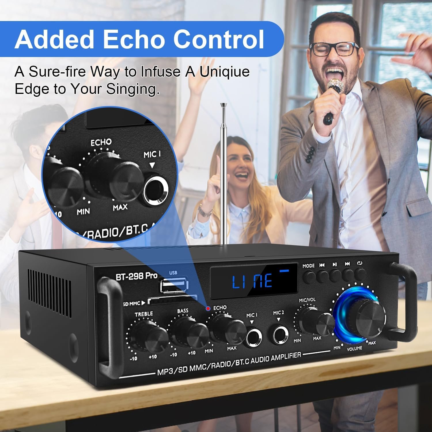 Amplifier Home Audio Stereo Receivers with Bluetooth 5.0,Receicer for Speakers Max 800W, 2.0 Channel Stereo Amplifier System for Home Speakers, Karaoke,Garage,Home Amp/USB/SD/RCA/MIC in - Image 4