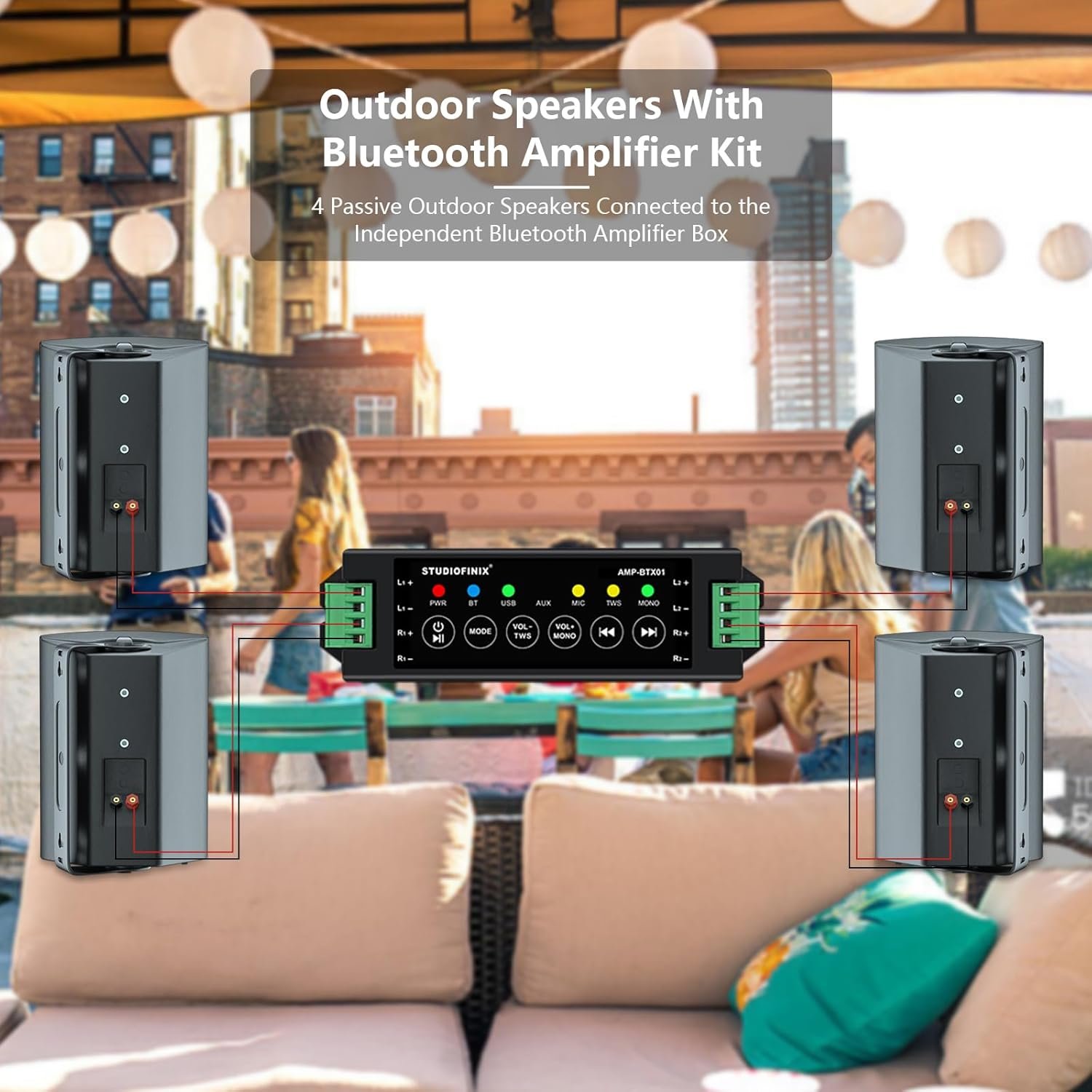 STUDIOFINIX 800W 6.5 Inch Outdoor Bluetooth Speakers Waterproof Wired with Multifunctional Amplifier Wall Mount Weatherproof Loudspeaker System for Patio Garden Poolside Home(4 Speakers,Black) - Image 2