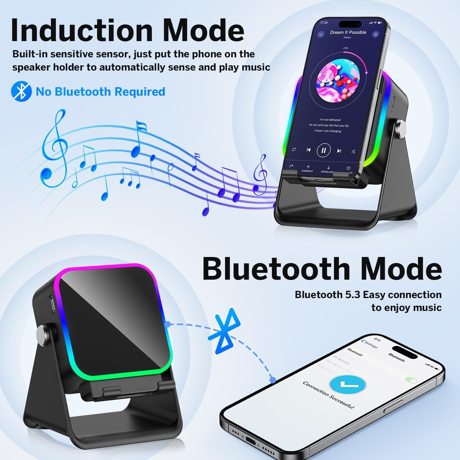 Wireless Induction Speaker 5-in-1 Bluetooth Speaker with Phone Stand,Stereo Sound, 3500mAh Rechargeable, 8 RGB Ambient Light, 360° Adjustable Holder for iPhone/Android/iPad,Gifts for Men Women (Black) - Image 2