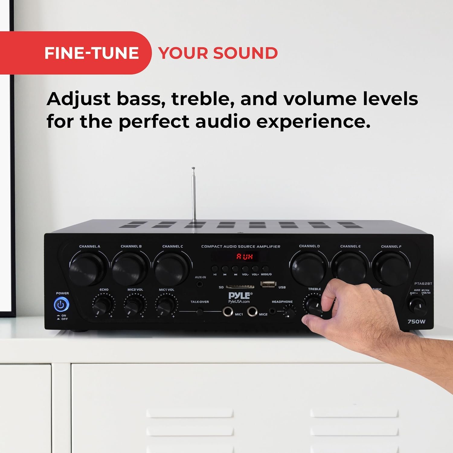 Pyle Bluetooth Wireless Home Amplifier System - Upgraded 6 Channel Audio, 750 Watt Power, Easy Karaoke, Stereo Receiver w USB-A, Micro SD, Headphone, 2 Microphone Input w/Echo, Talkover for PA - Image 5
