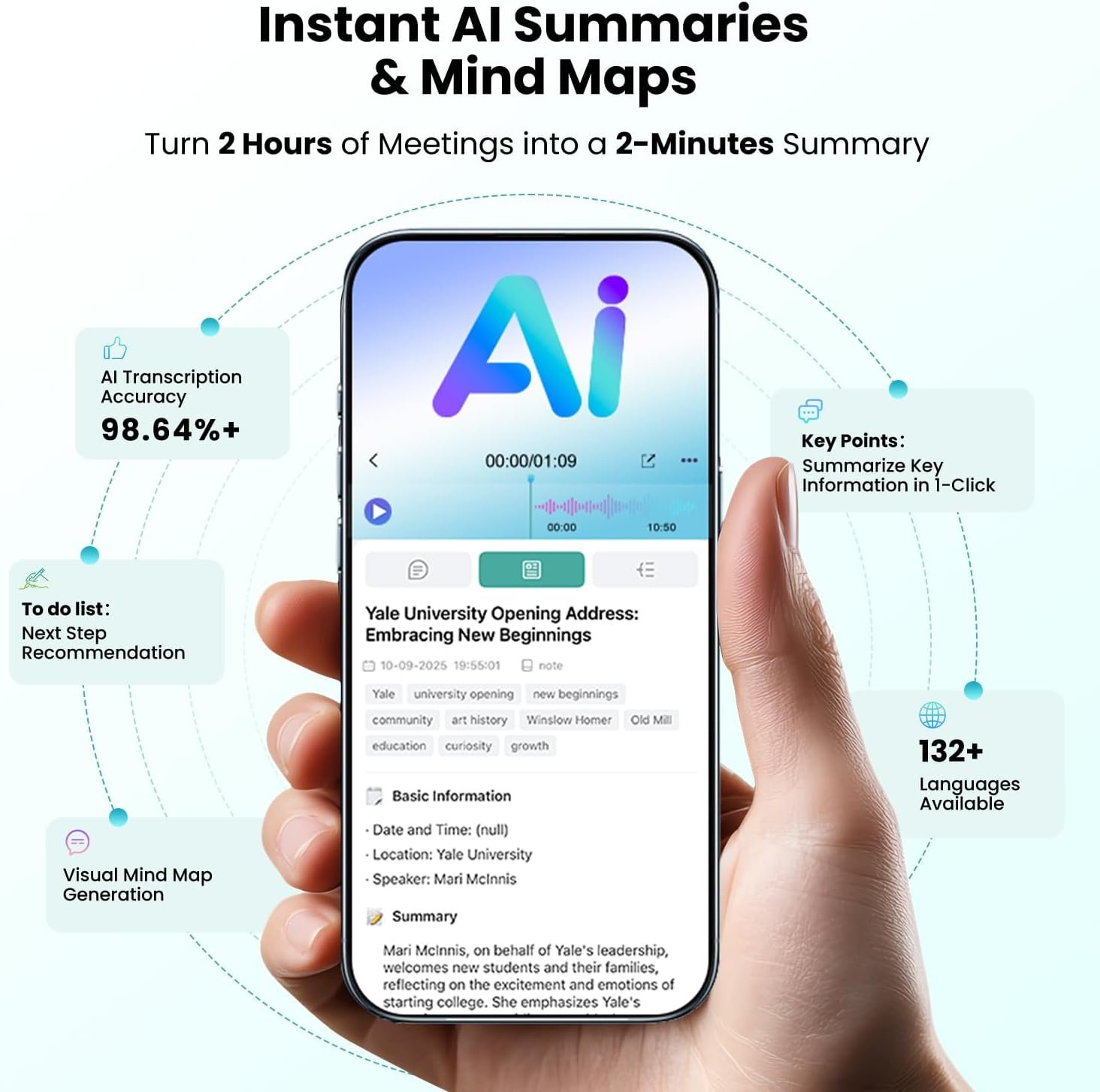 AI Voice Recorder, Note Taking Device, Transcribe & Summarize, Voice Recorder With Display, App Control, Supports 132+ Languages, 100H, 64GB, Magnetic Audio Recorder for Lectures Meetings Calls,Silver - Image 2
