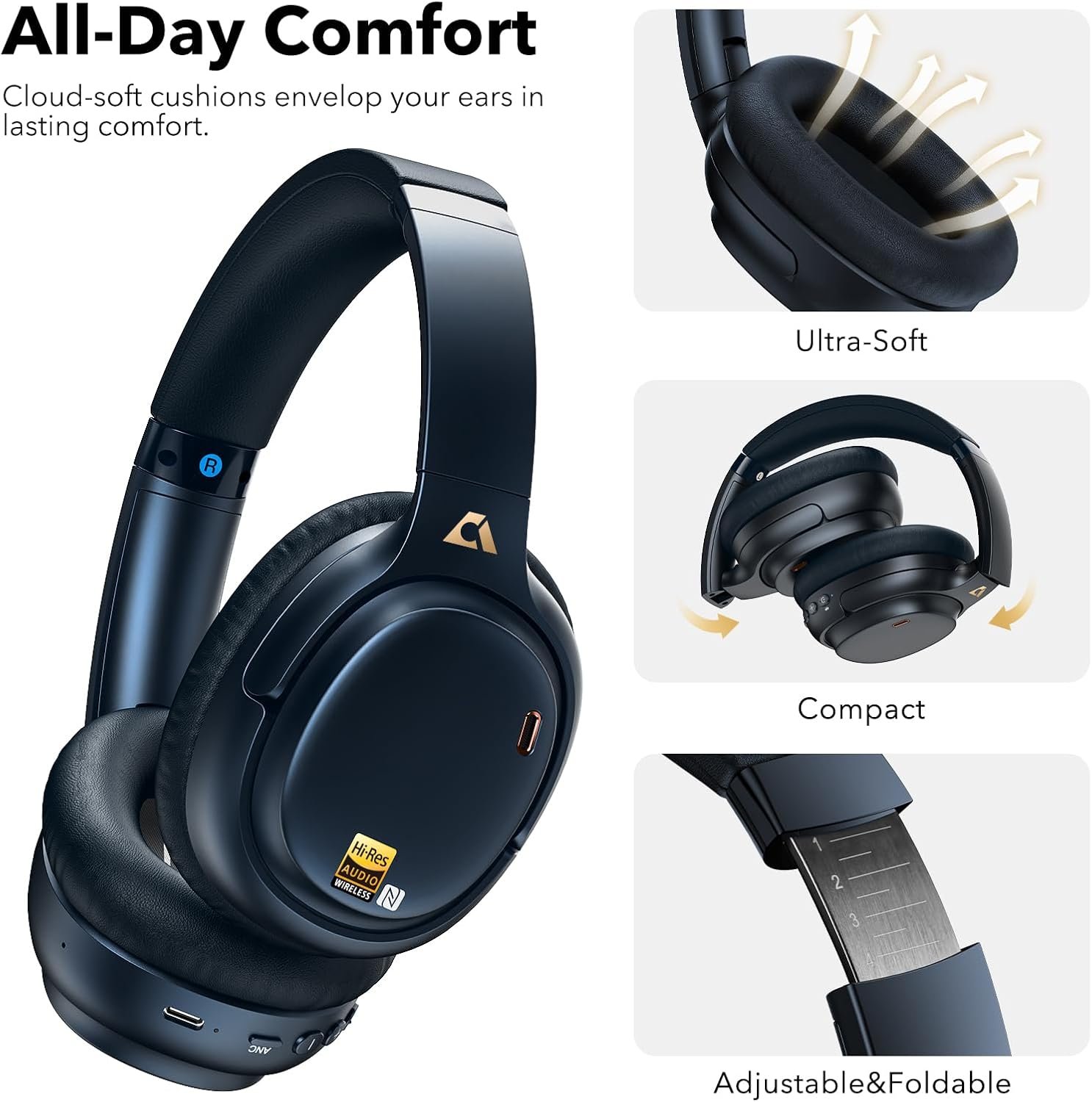 1Mii E700 Hybrid Active Noise Cancelling Headphones, Bluetooth Over Ear, Wireless Hi-Res Audio with LDAC & aptX Low Latency for Airplane Travel & Home TV, AI Translation & Custom EQ via APP, Blue - Image 6