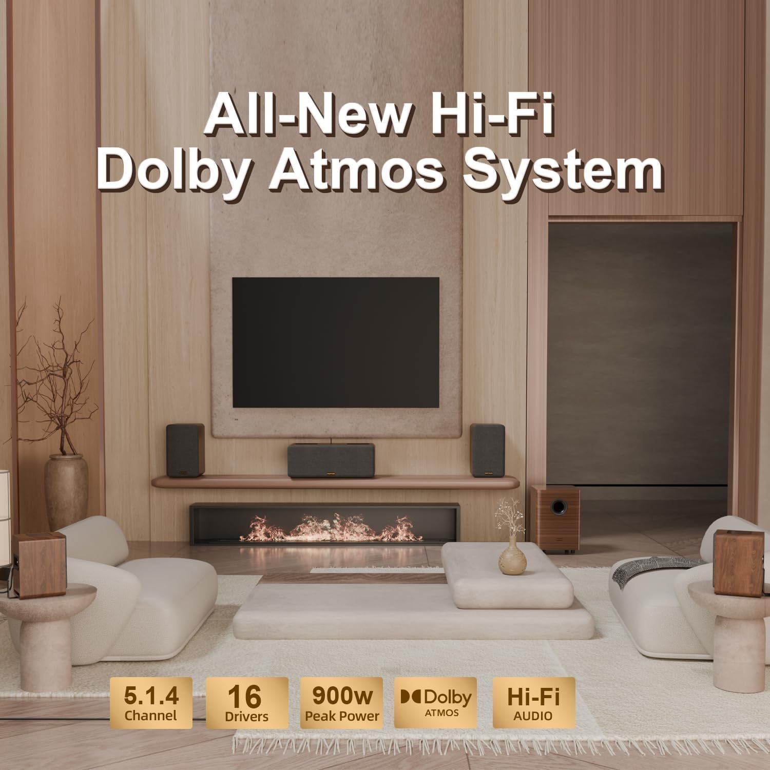 HiFi 5.1.4ch Home Theater Sound System, Dolby Atmos, 900W Surround Sound System for TV, Sound Bar with Subwoofer, 4 Surround Speakers, TV Soundbar, HiFi-Grade Crossover, eARC, BT 5.4, Color: Wood - Image 2