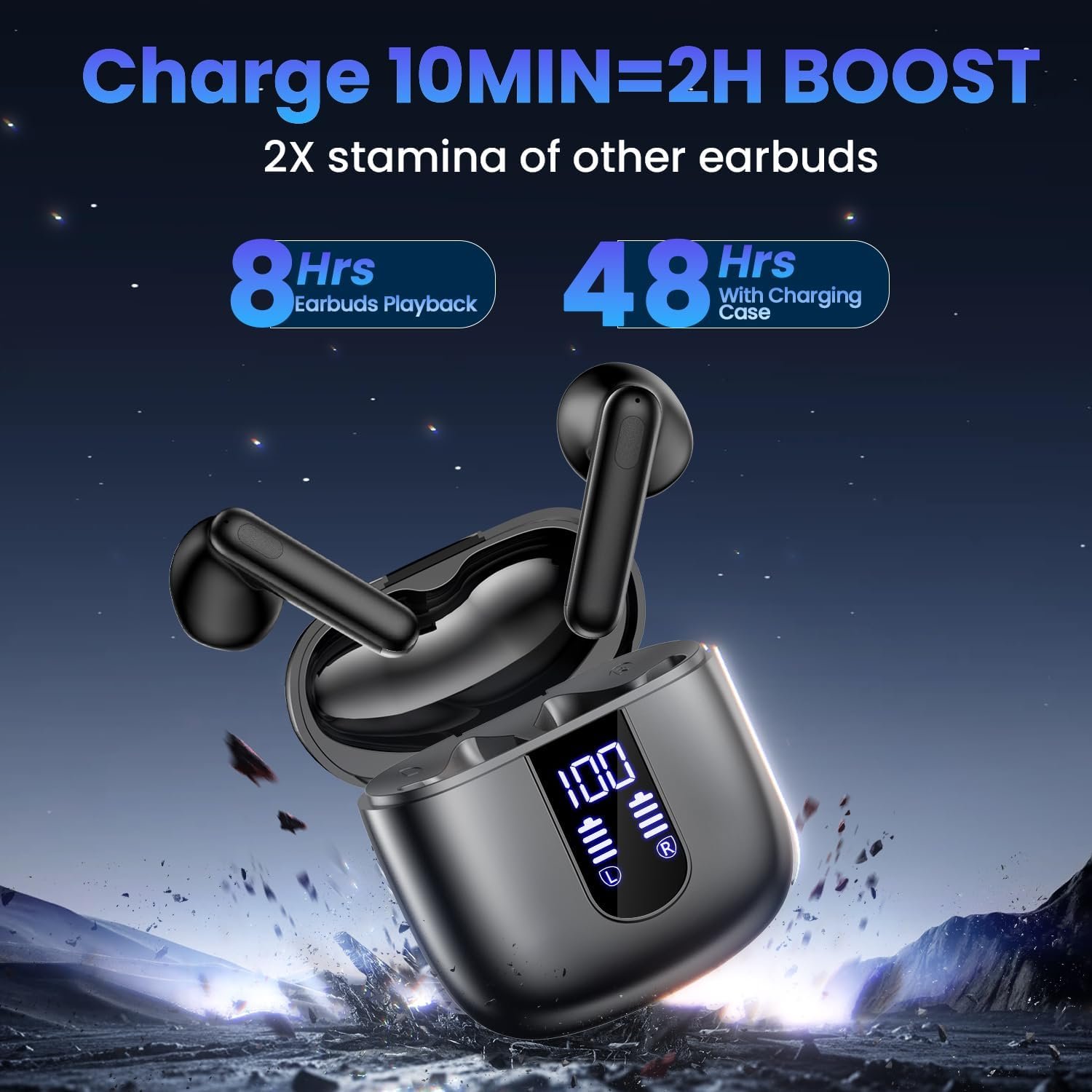 Wireless Earbuds, Bluetooth Headphones with Deep Bass Stereo, 48H Playback Ear Buds with LED Power Display, Lightweight, IPX7, in-Ear Earphones with Mic for iPhone/Android/iPad, Black - Image 3