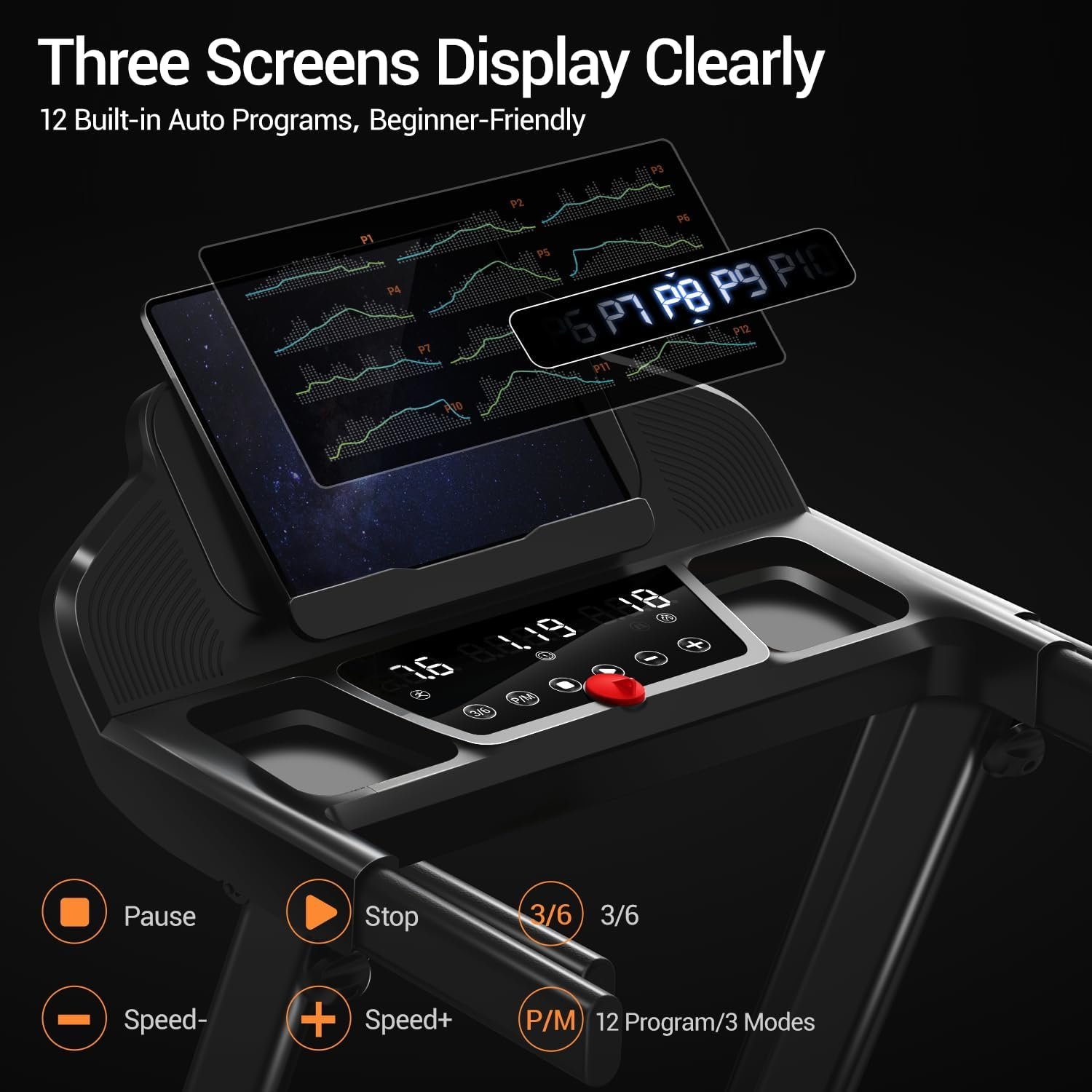 16% Treadmills for Home with Handle, 3 in 1 Portable Treadmill with Incline, Foldable Treadmill with Three Screen, 12 Preset Programs, 400LBS - Image 4