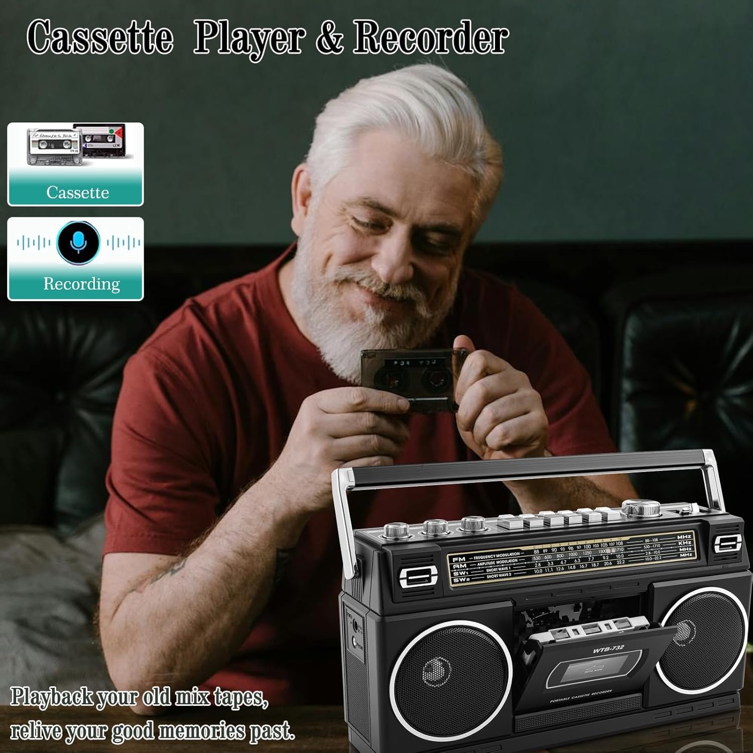 Retro Classic 80s Style Portable Boombox with Cassette Player Recorder, AM/FM/SW1/SW2 Radio, Bluetooth, USB/Micro SD Slots, Headphone Jack, 24W Dual Full-Range High Bass Speakers - Image 5