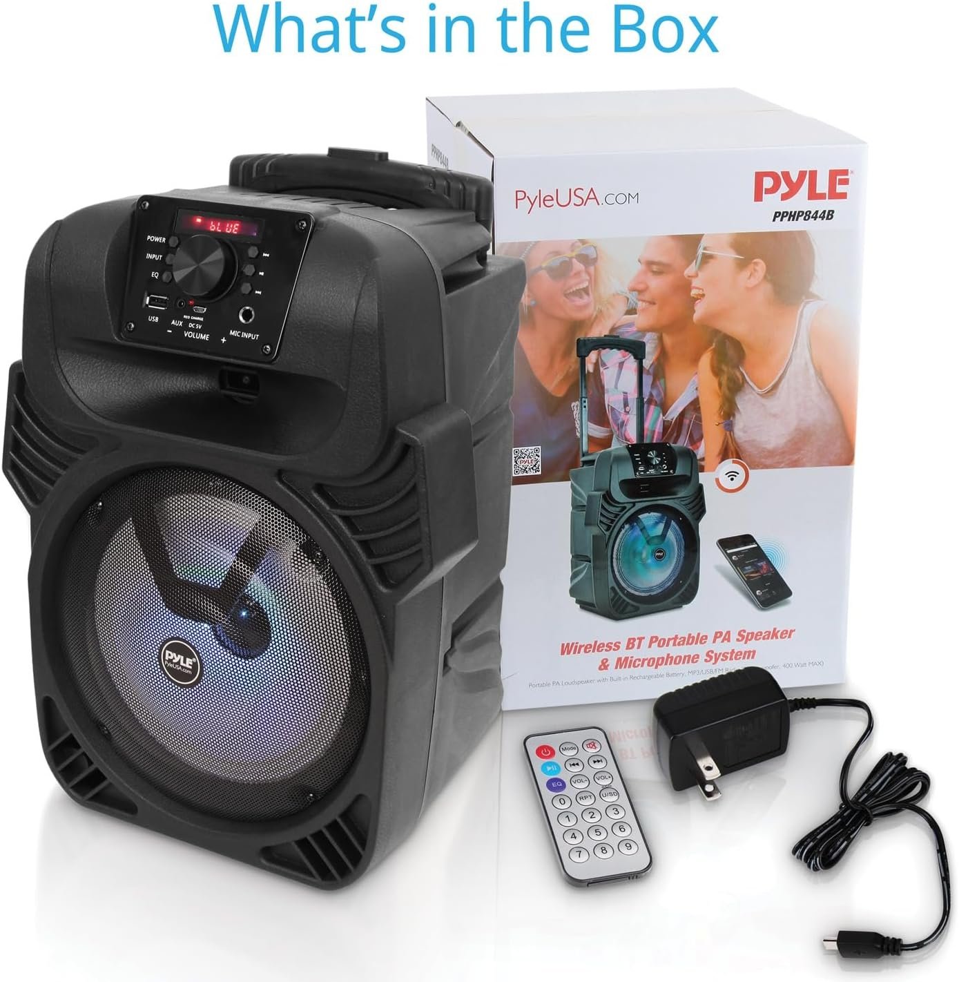 Pyle 8" Portable Bluetooth PA Speaker - 500W Rechargeable Indoor/Outdoor Karaoke Machine Sound System - Multi-Color LED Party Lights, Mic Input, FM Radio, MP3/USB & Remote Control (Black) - Image 2