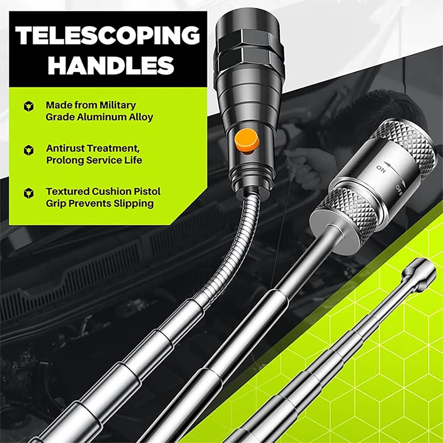 Telescoping Magnetic Pickup Tool Set, Inspection Mirror Telescoping, LED Flashlight, Cool Gadgets for Men, Stocking Stuffers, Gifts for Dad, Husband, Kids, Boyfriend, Magnet Stick (Yellow) - Image 3