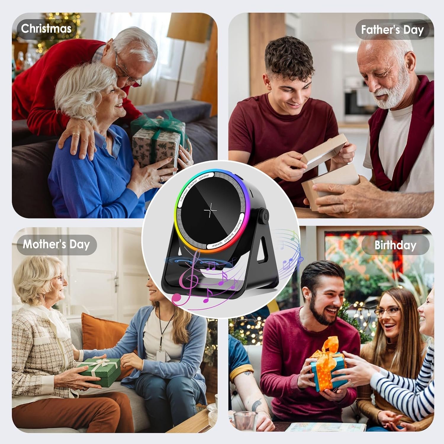 Wireless Induction Speaker, 5-in-1 Bluetooth 5.3 Phone Stand with 360° Rotation & RGB Ambient Light - Cool Tech Gadgets Gifts for Men Women Dad Mom - Compatible iPhone/Android/iPad/Samsung (Black) - Image 7