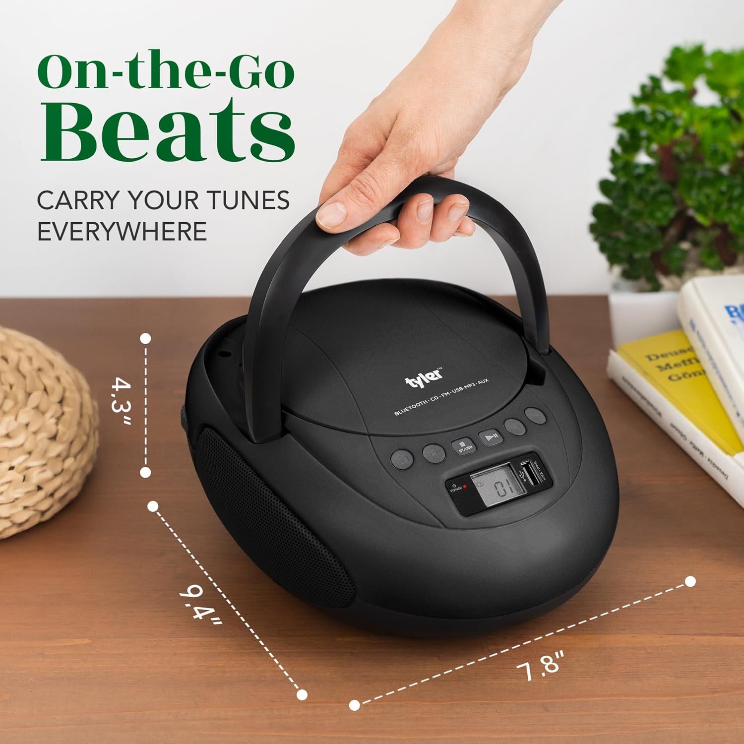 Tyler Portable CD Player Boombox with FM Radio, Bluetooth, and USB Port | Clear Stereo Sound | CD-R/RW and MP3 CDs Compatible | 3.5mm Aux Input and Headphone Jack | TAU107 - Black - Image 7