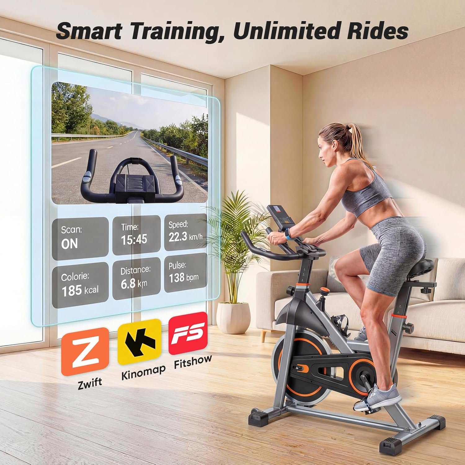 OLIXIS Exercise Bike with APP Control, Brake Pad Stationary Bikes with Quiet Magnetic Resistance, Indoor Cycling Spin Workout Bike with 300.0 lbs Weight Capacity, Classic Orange - Image 2