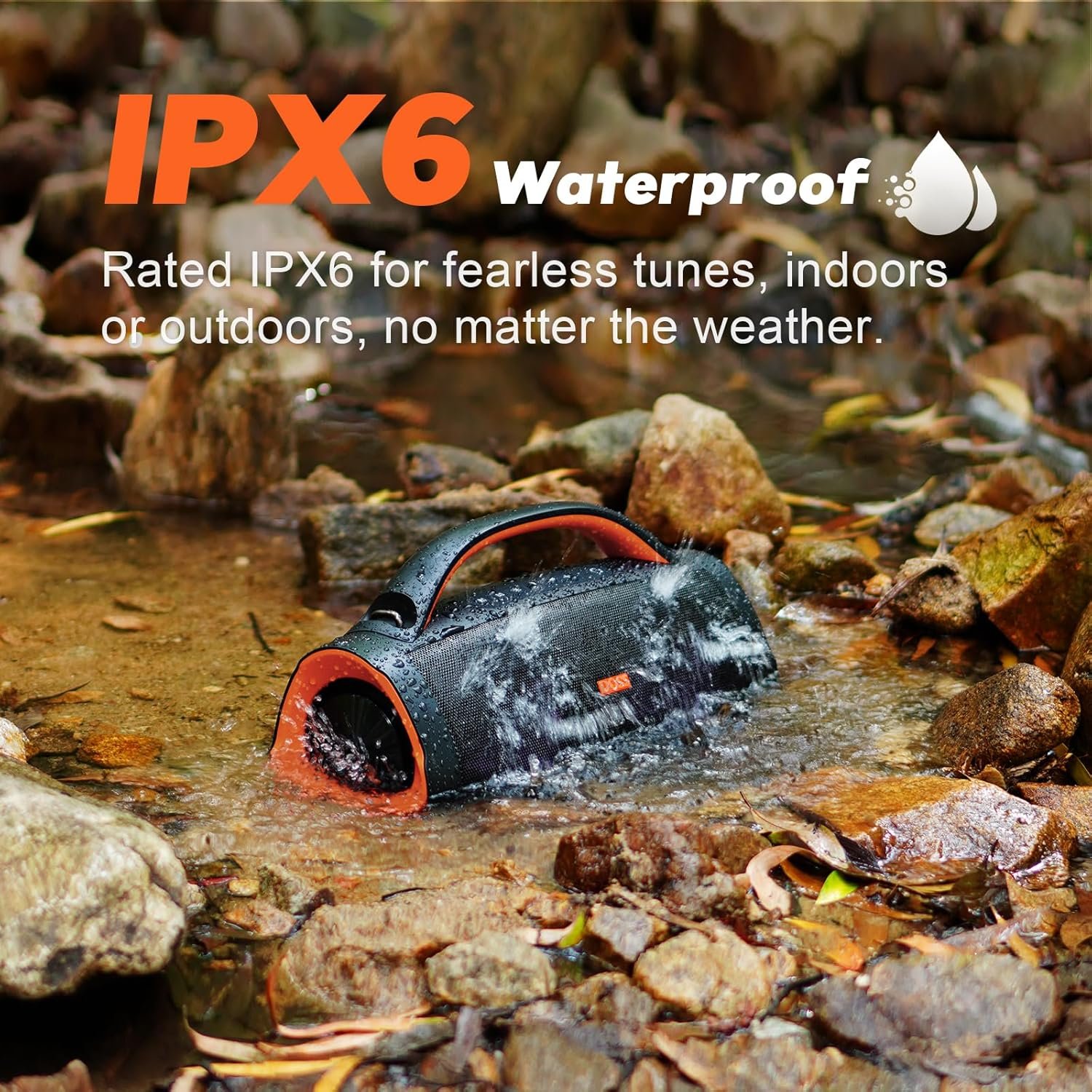 DOSS Extreme Boom Pro 100W Loud Outdoor Speaker, 2+2 Channel, IPX6 Waterproof, Bluetooth 5.3, 20H Playtime, Dynamic RGB Lights, Portable Speaker for Camping, Beach, Pool, Working Outside - Orange - Image 3