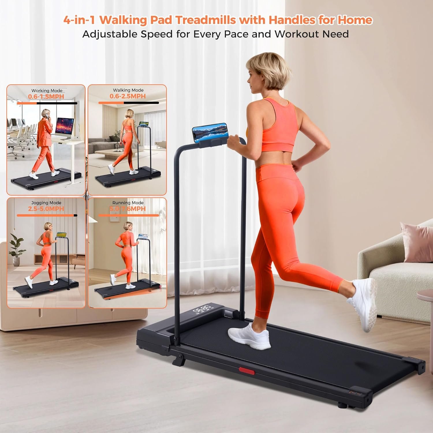 Walking Pad Treadmill with Incline, 2026 Upgrade Portable Under Desk Treadmill for Home Small with Handles, 3.0HP Walking Pad with Handle Bar, 0.6-7.6MPH, 350LBS - Image 2