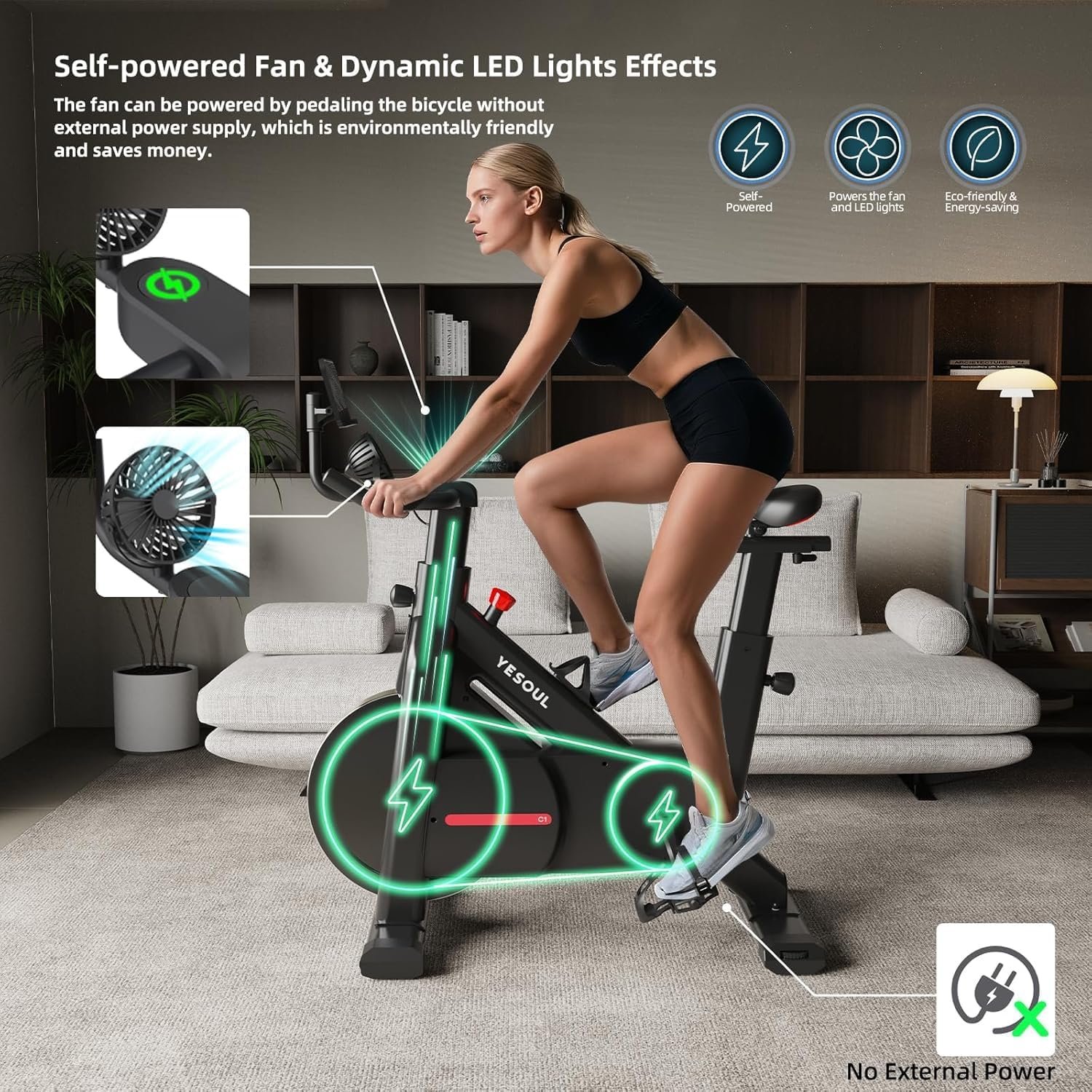 Yesoul Black Exercise Bike for Home, Low Noise Indoor Cycling Bike for Home Gym Electric Stationary Bike with Tablet Mount & Comfortable Seat Cushion for Women Apartment Workout Bike for Fitness - Image 3