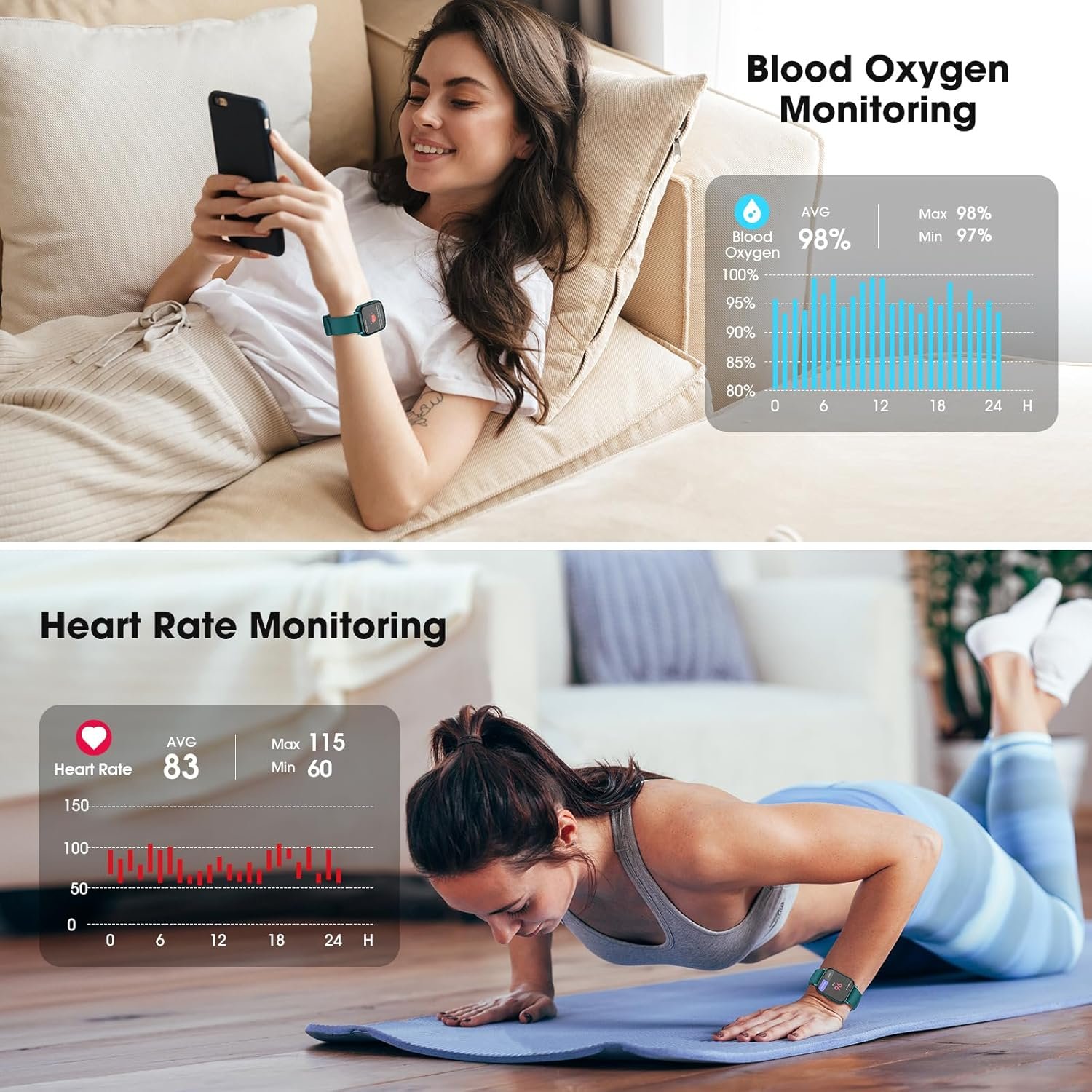 Fitness Tracker, Fitness Watch with Blood Oxygen, Heart Rate Monitor, Steps Calories Counter, Sleep Monitor, Pedometer IP68 Waterproof, Smart Watch for Android iPhones - Image 2
