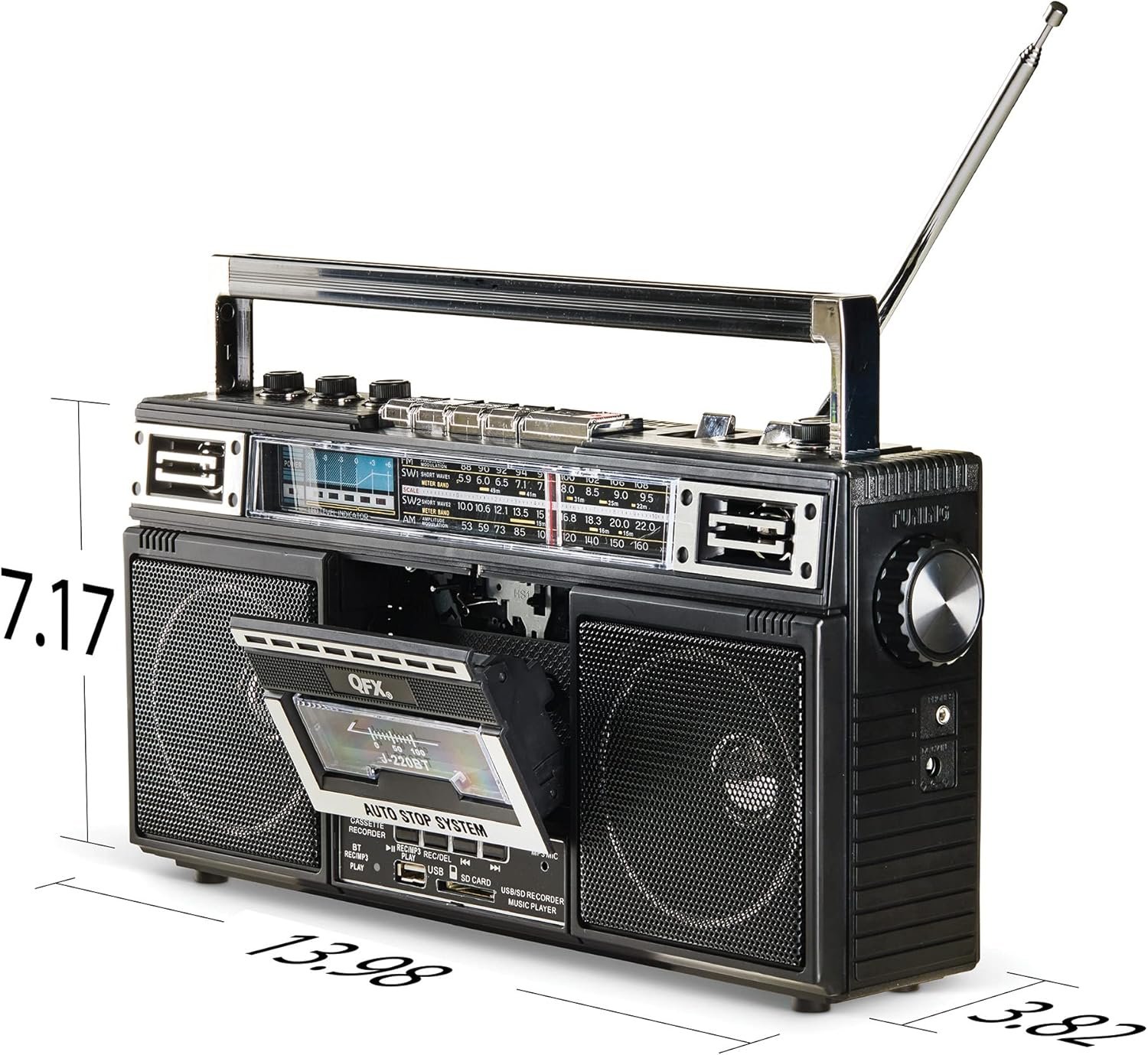 QFX J-220BT Boombox MP3 Conversion from Radio to Cassette with 4-Band (AM, FM, SW1, SW2) Radio with Bluetooth, Rechargeable Battery, Dual 3” Speakers, Built-in Microphone, Recorder, 3-Band Equalizer - Image 6