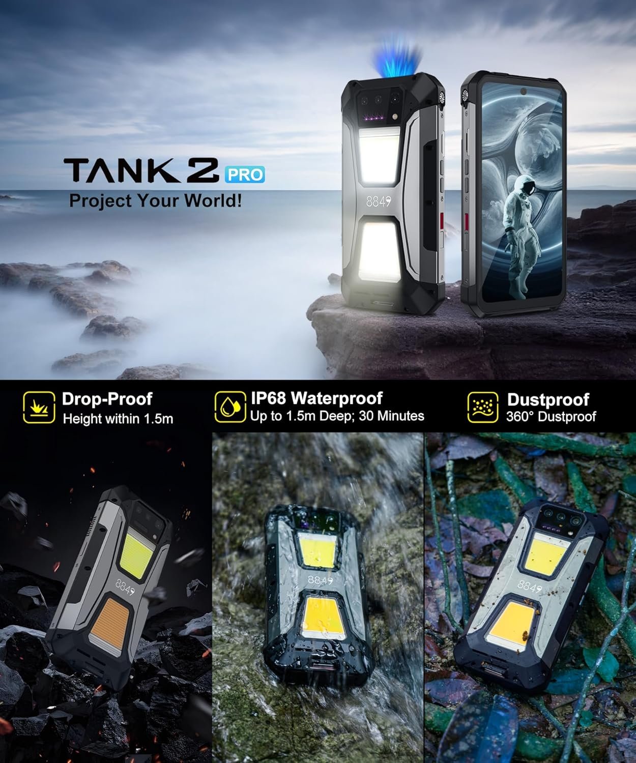 8849 Tank 2 Pro Rugged Smartphone Unlocked, 24+512GB/1TB Android 14 Rugged Cell Phone with Projector, 6.79’’ 4G Waterproof Mobile Phones 23800mAh, Fingerprint/Dual Sim/OTG/GPS/Face ID - Image 7