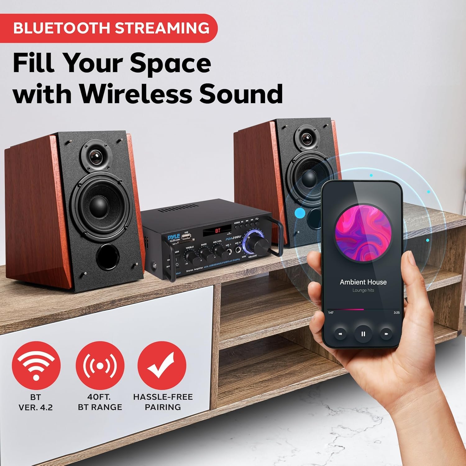Pyle 200W Stereo Power Amplifier with Bluetooth - Dual Channel Audio Receiver - LED Display - RCA - USB - SD - MIC IN - FM Radio - AUX Input - Perfect for Home & Computer Audio - PDA29BU.5 - Image 2